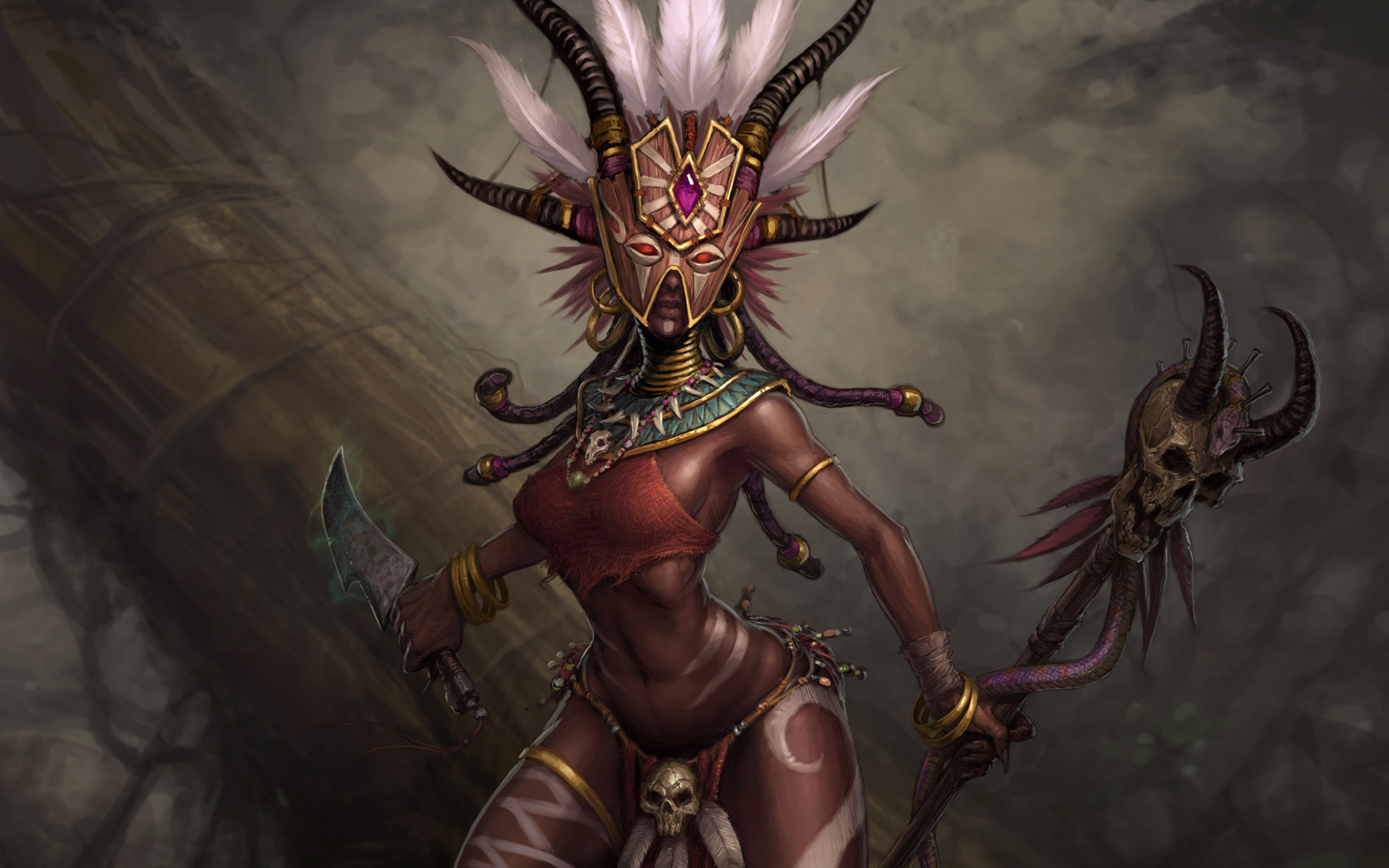 Sciamano, Diablo III, Maschera, Bastone, 1920x1200, immagine di sfondo