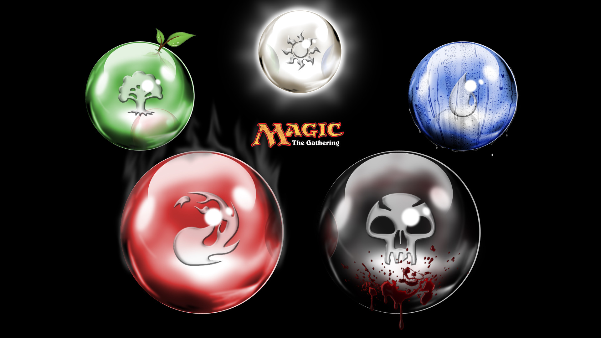 Magic: The Gathering, Simboli di mana, Sfere, Cinque colori, Sfondo nero, wallpaper Windows 11