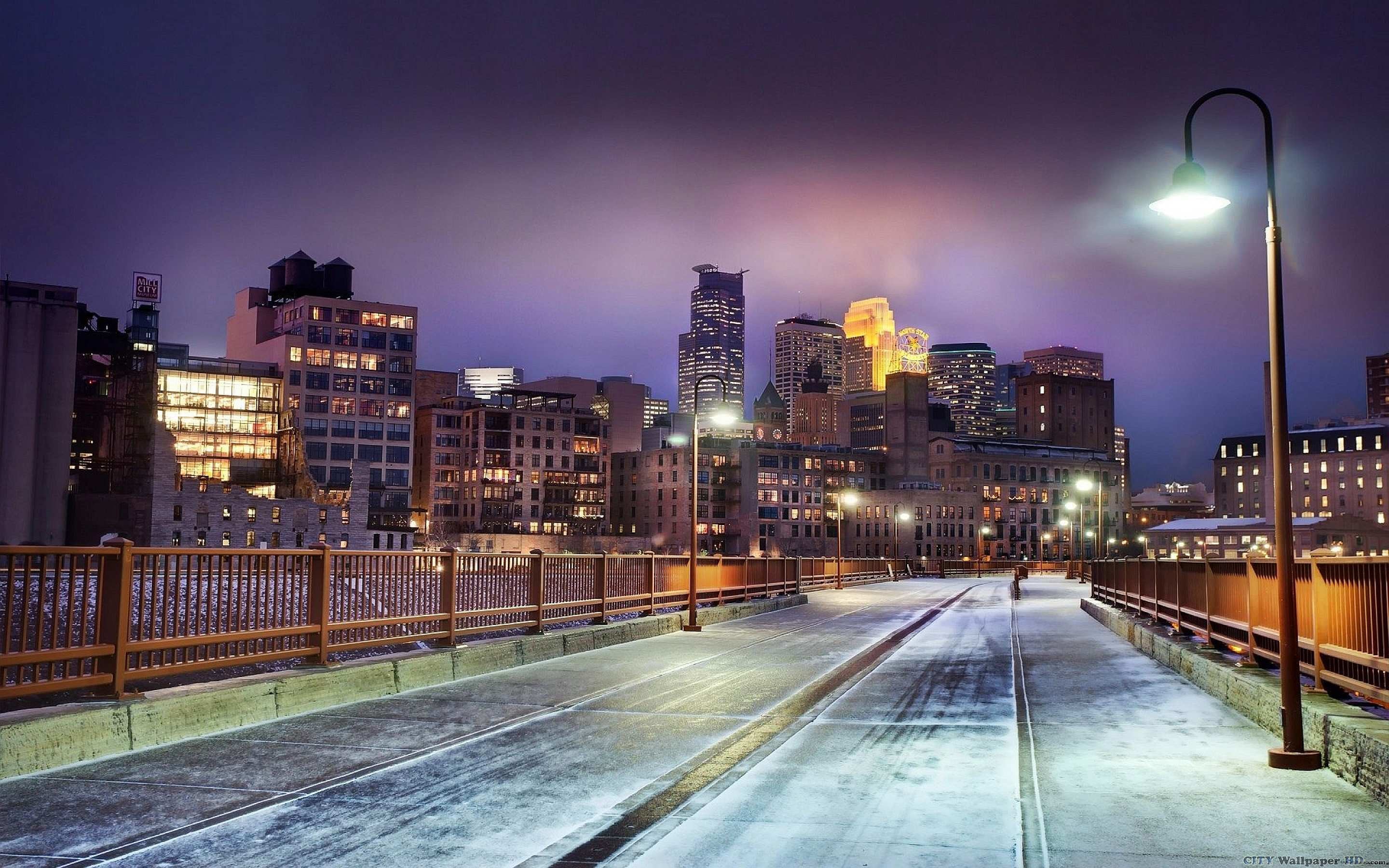 Minneapolis, Ponte, Lampione, Neve, Notte, 16:10 2K, wallpaper widescreen