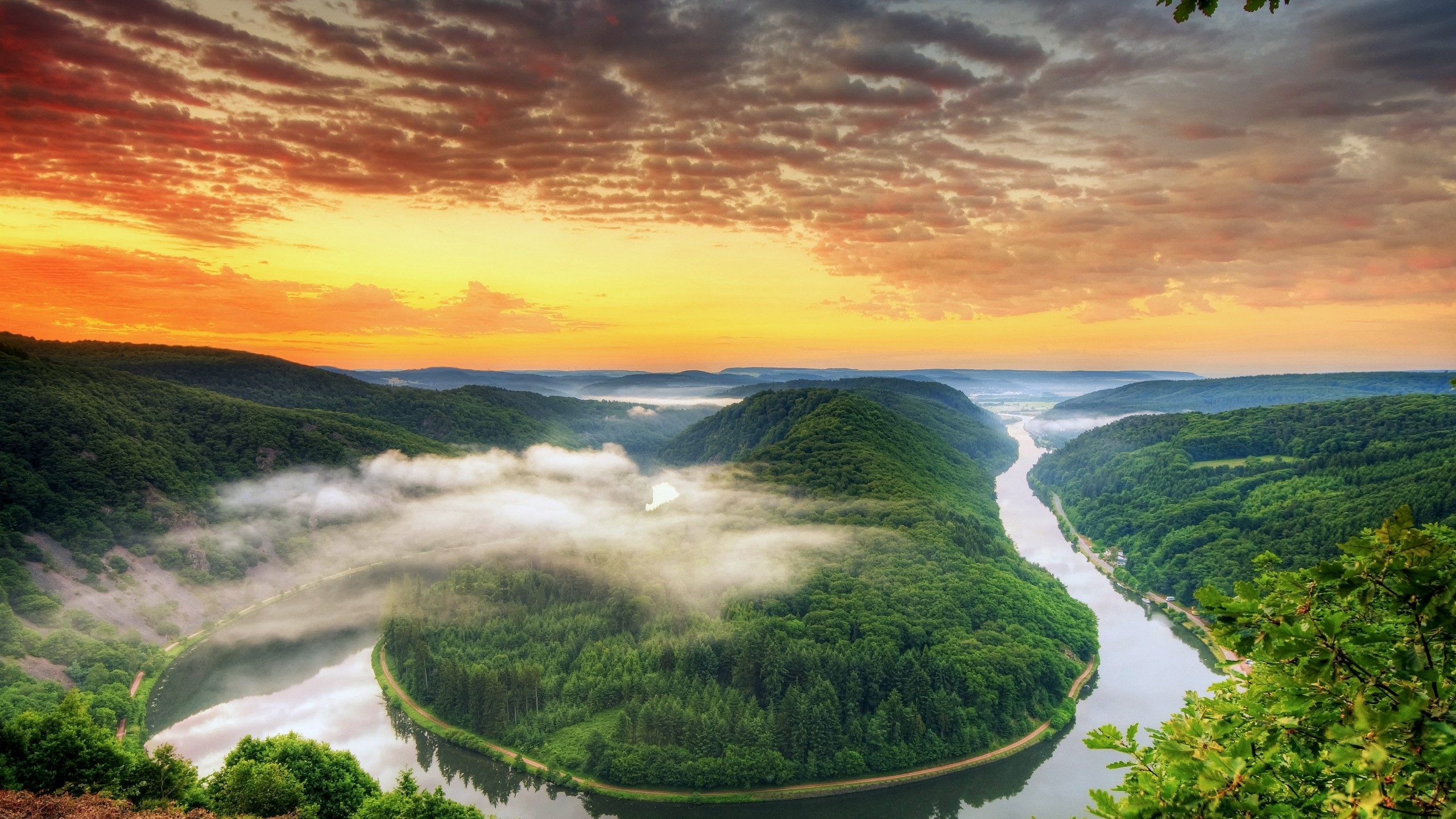 Saarschleife, Saar, Germania, Ansa del fiume, Nebbia, Alba, 2K, sfondo per portatile