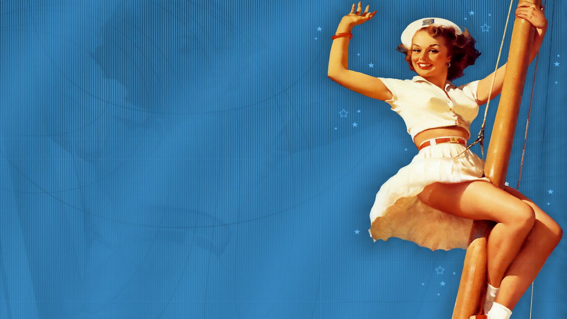 Pin-up, Marinaretta, Albero maestro, Sfondo blu, Retrò, Full HD, wallpaper per portatile