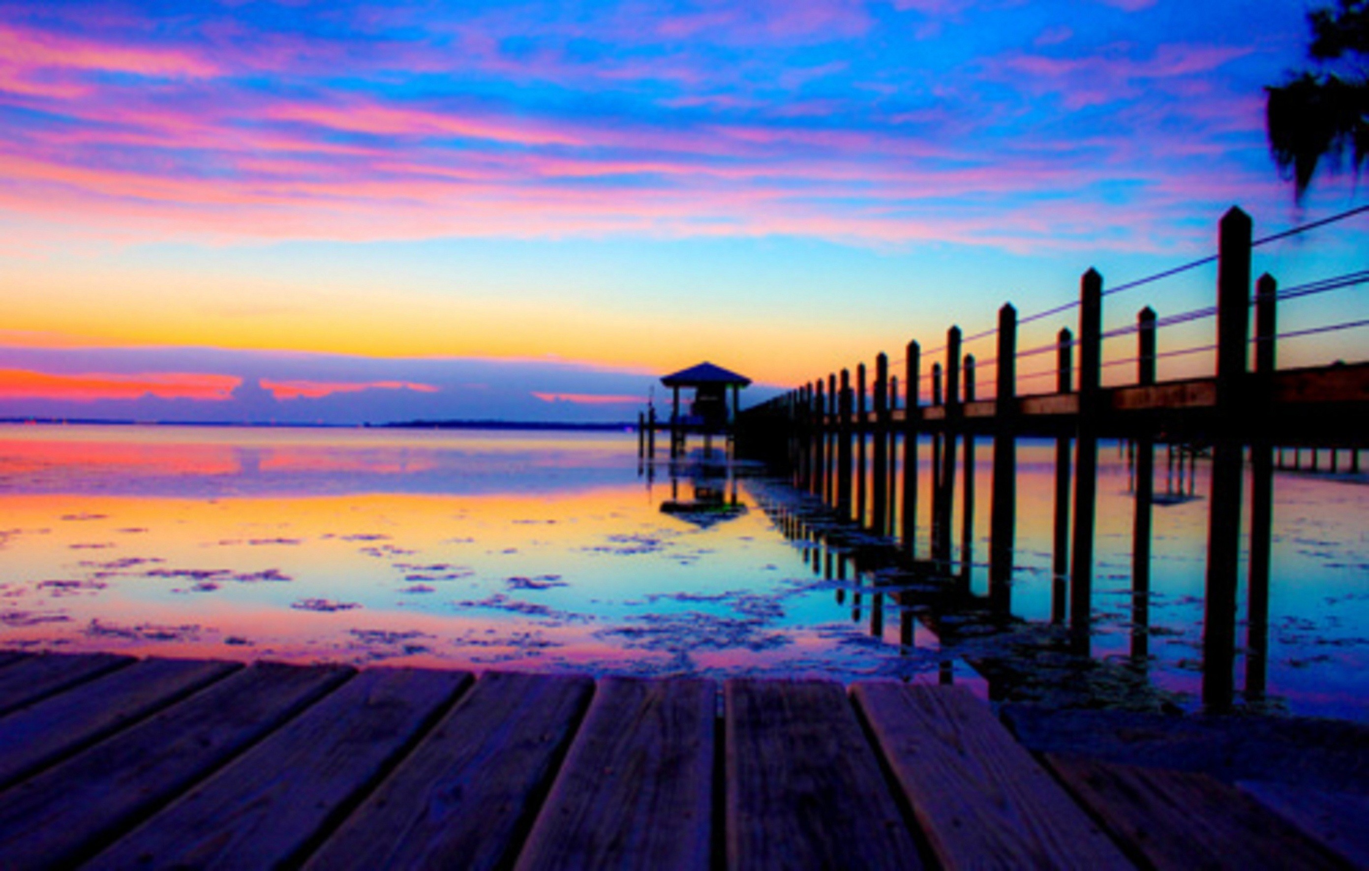 Molo, Tramonto, Riflesso, Mare, Colori vivaci, 2K, sfondo per PC