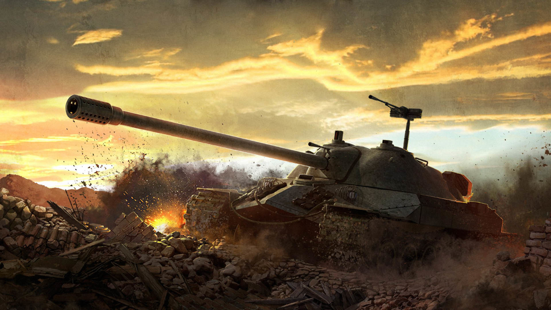 World of Tanks, IS-7, Carro armato, Rovine, Tramonto, Videogioco, sfondo per portatile