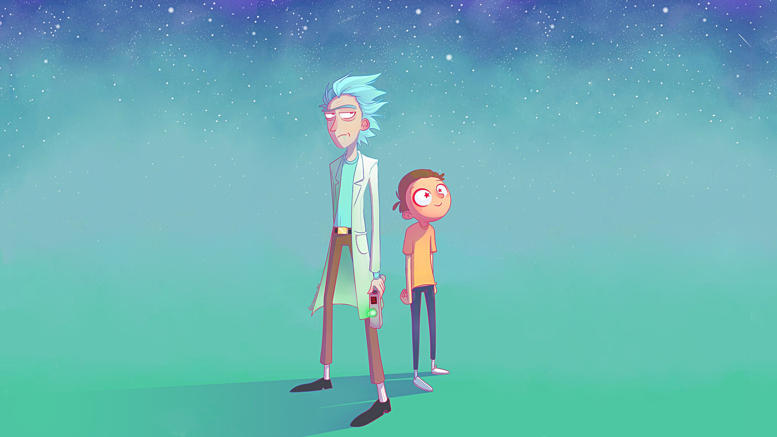 Rick Sanchez, Morty Smith, Cielo stellato, Toni turchesi, 16:9 2K, sfondo widescreen