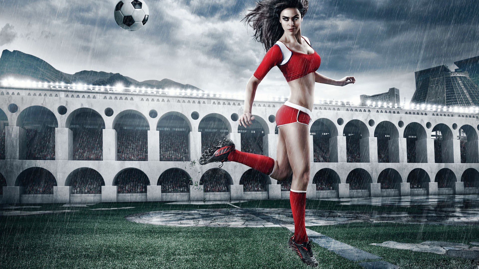 Modella, Pallone, Pioggia, Fotomanipolazione, 16:9 Full HD, wallpaper widescreen
