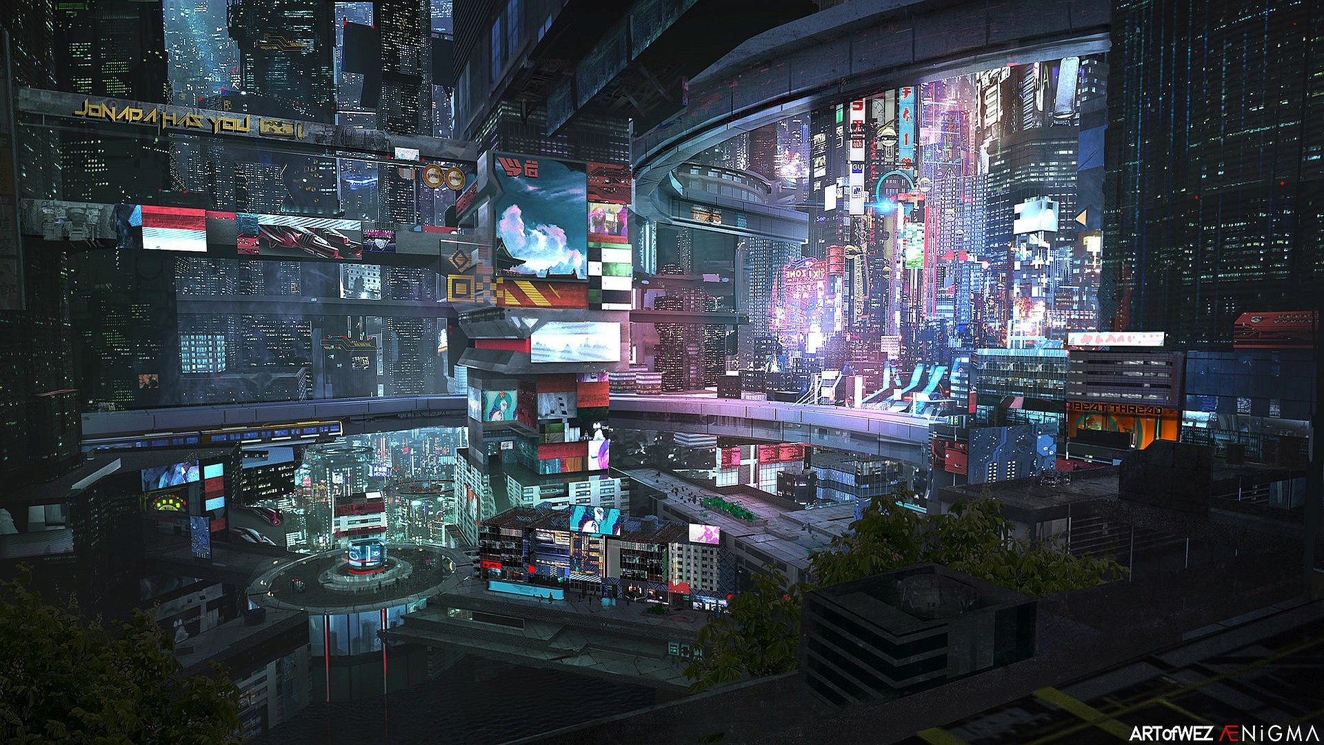 Città cyberpunk, Metropoli, Insegne, Arte digitale, 1920x1080, sfondo per PC