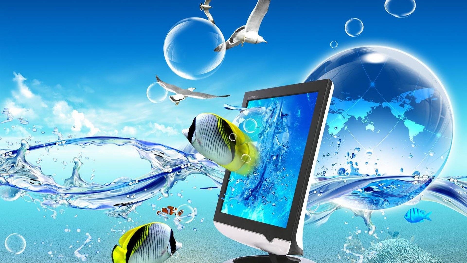 Monitor, Pesci, Gabbiani, Spruzzi, Arte digitale, 1920x1080, immagine di sfondo