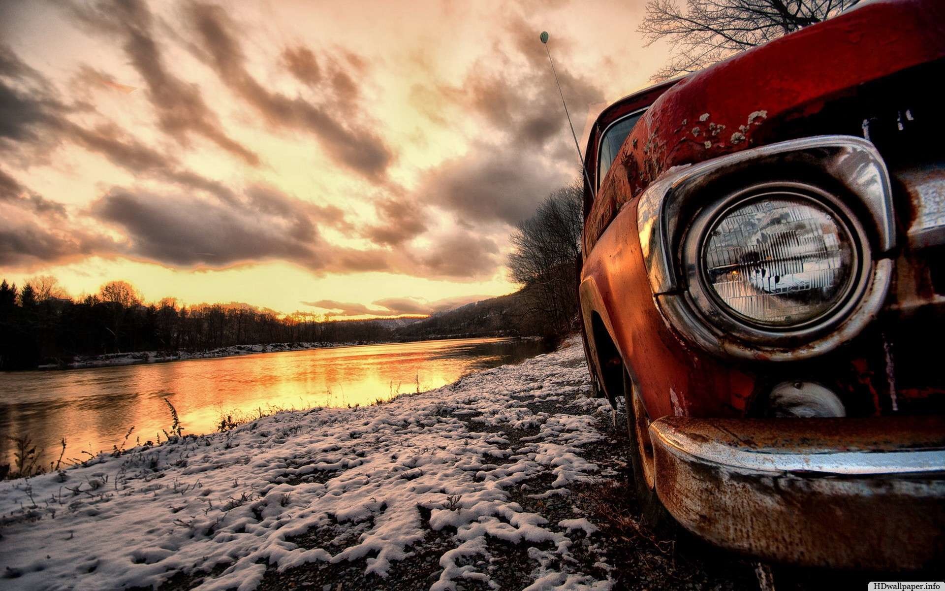 Auto d'epoca, Faro, Fiume, Tramonto, HDR, sfondo PC