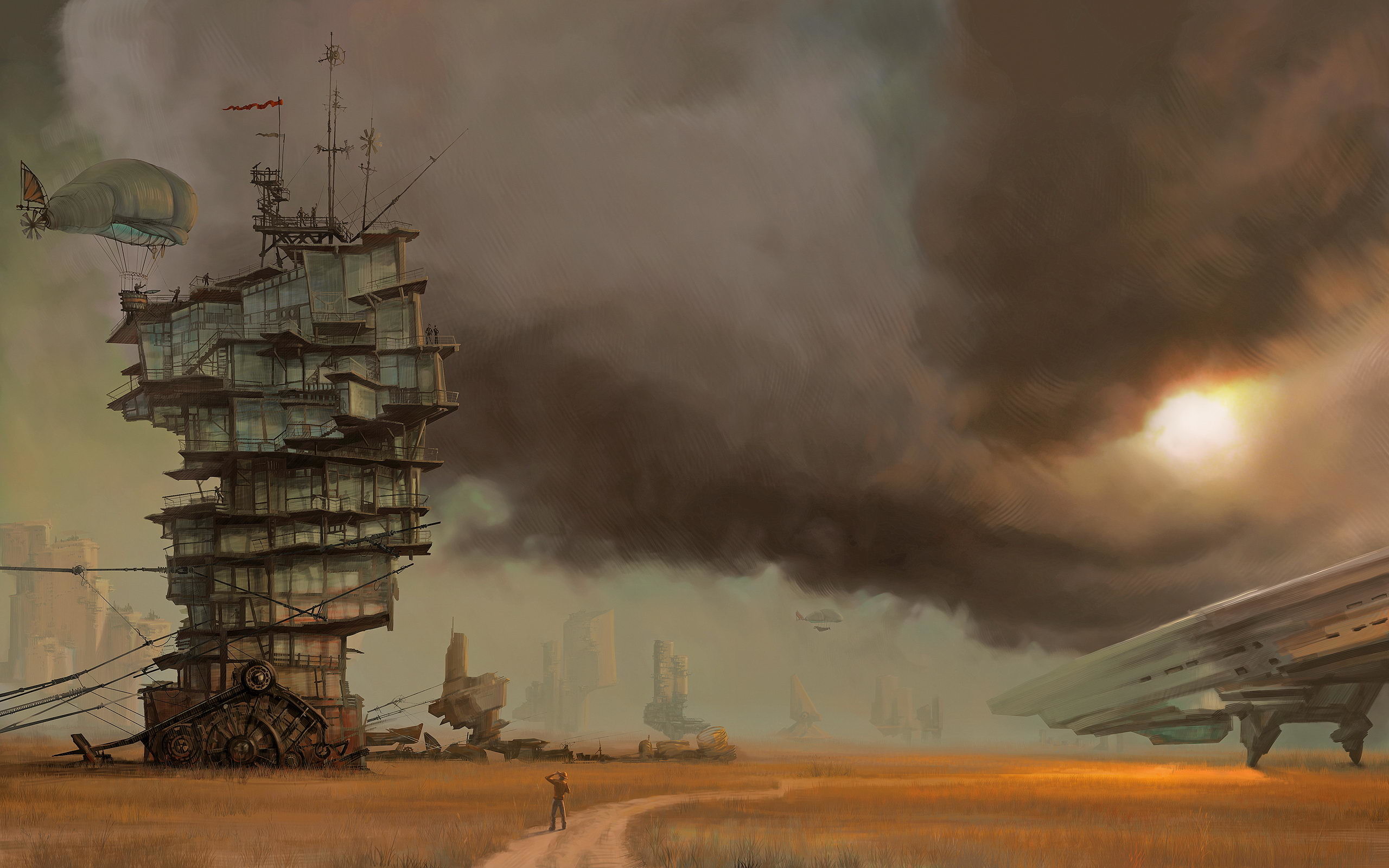 Torre mobile, Dirigibili, Deserto, Steampunk, 2K, sfondo per portatile