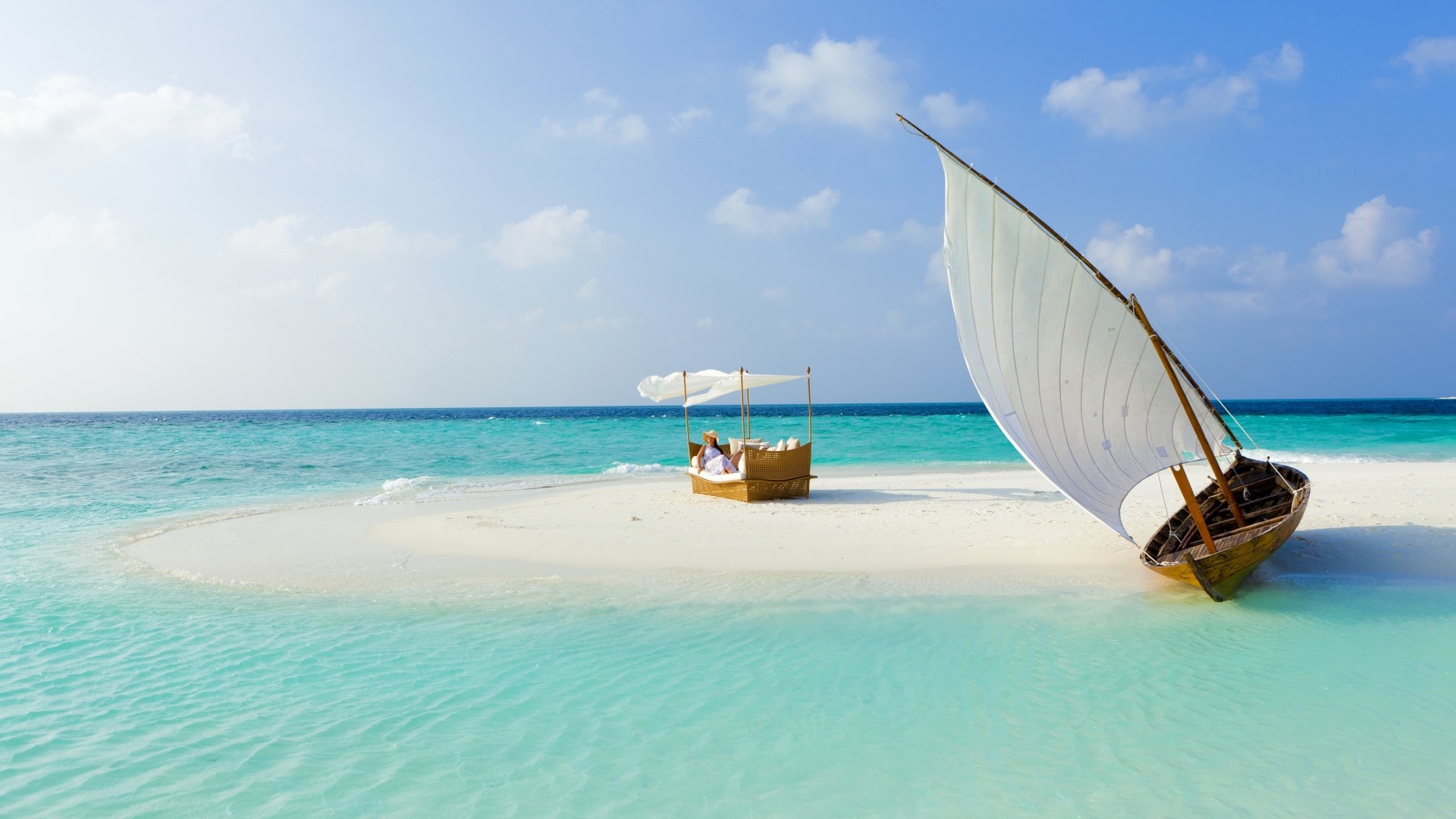 Maldive, Dhoni, Banco di sabbia, Laguna, Full HD 1080p, sfondo desktop