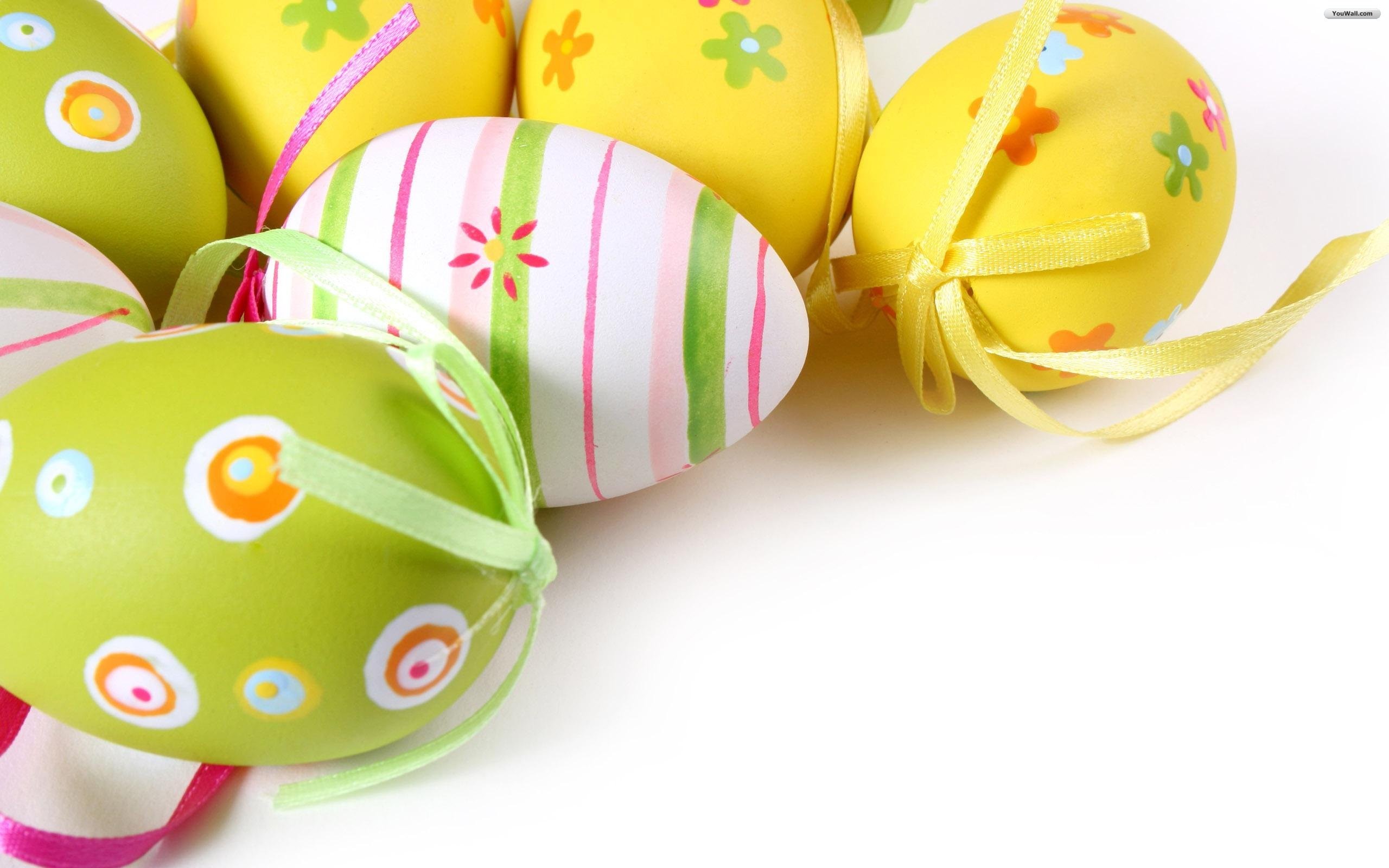 Uova di Pasqua, Uova decorate, Nastri, Giallo, Verde, 2K, sfondo per portatile
