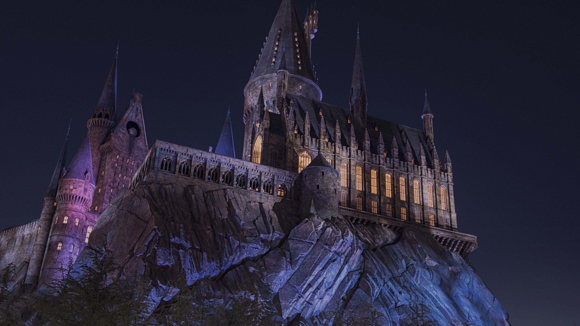 Castello di Hogwarts, Universal Studios, Notte, Luci viola, 1920x1080, immagine di sfondo
