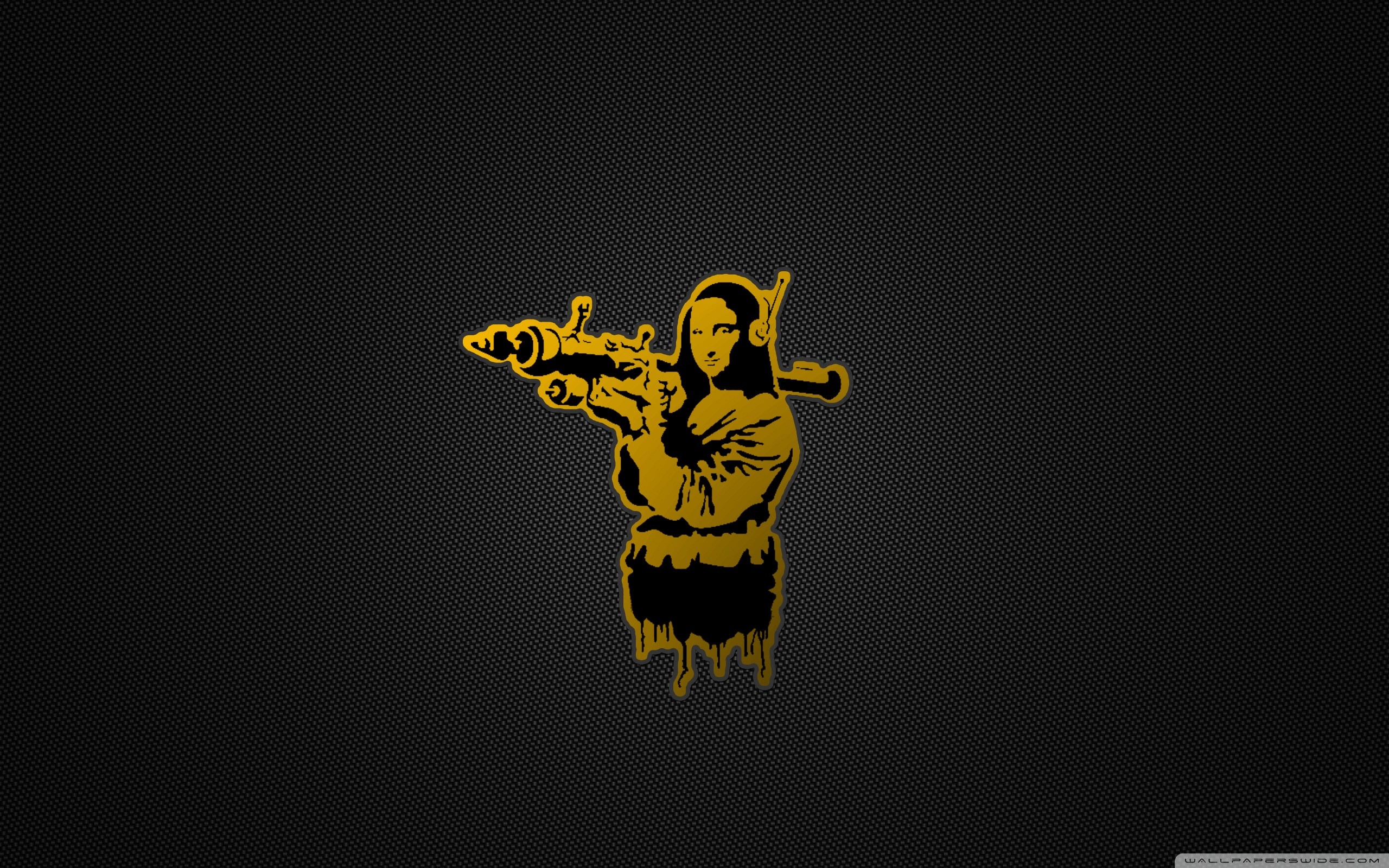 Mona Lisa con bazooka, Banksy, Gioconda, Sfondo nero, 16:10 2K, wallpaper widescreen