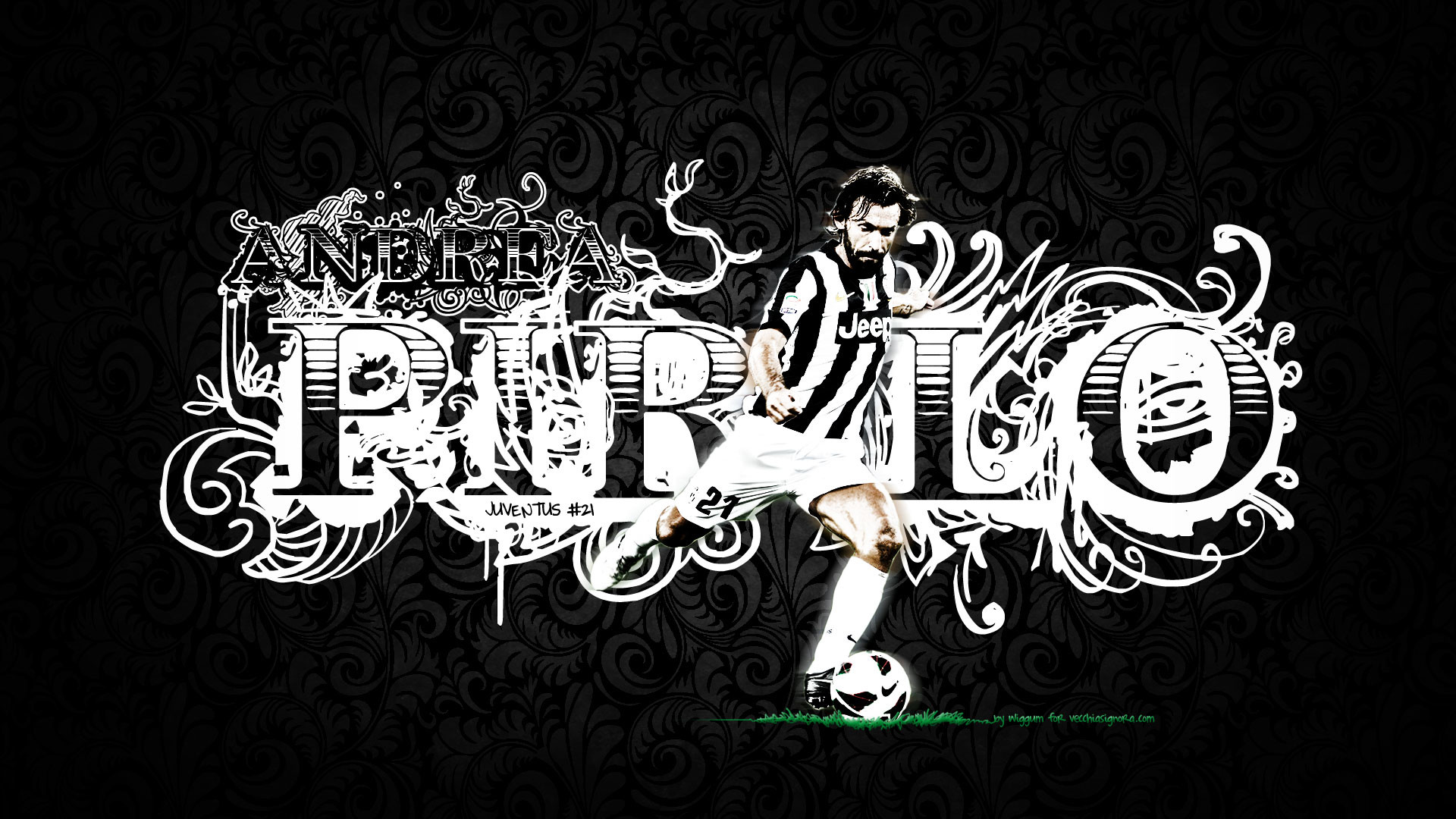 Juventus, Andrea Pirlo, Tipografia, Ornamenti, Bianco e nero, 16:9 Full HD, sfondo widescreen