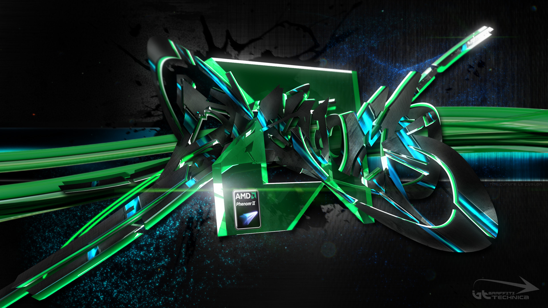 AMD Phenom, Graffiti 3D, Verde, Sfondo scuro, Full HD, wallpaper per desktop