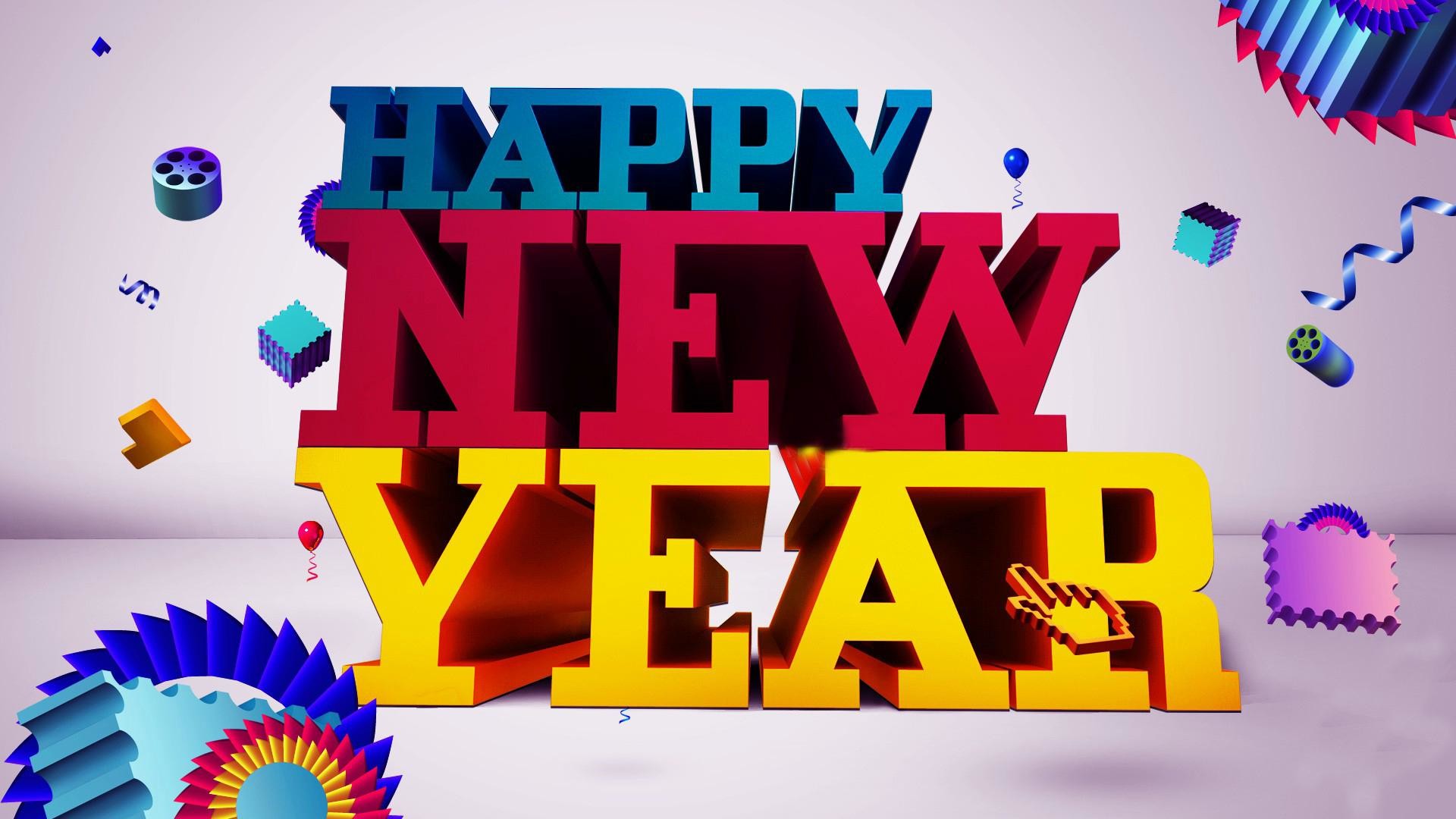 Happy New Year, Capodanno, Scritta 3D, Coriandoli, 1920x1080, sfondo per PC