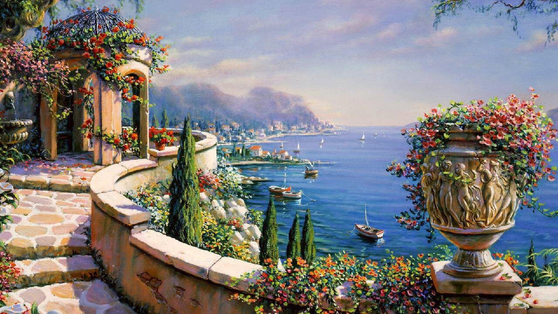 Pittura, Terrazza, Lago, Fiori, Cipressi, 16:9 Full HD, sfondo widescreen