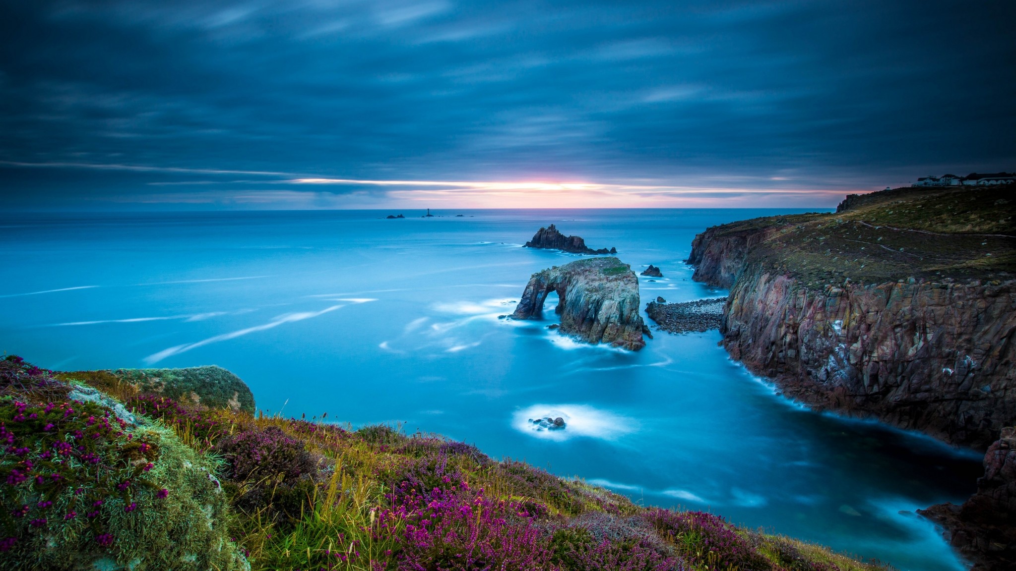 Land's End, Cornovaglia, Scogliere, Mare, Crepuscolo, Full HD, sfondo Windows 11