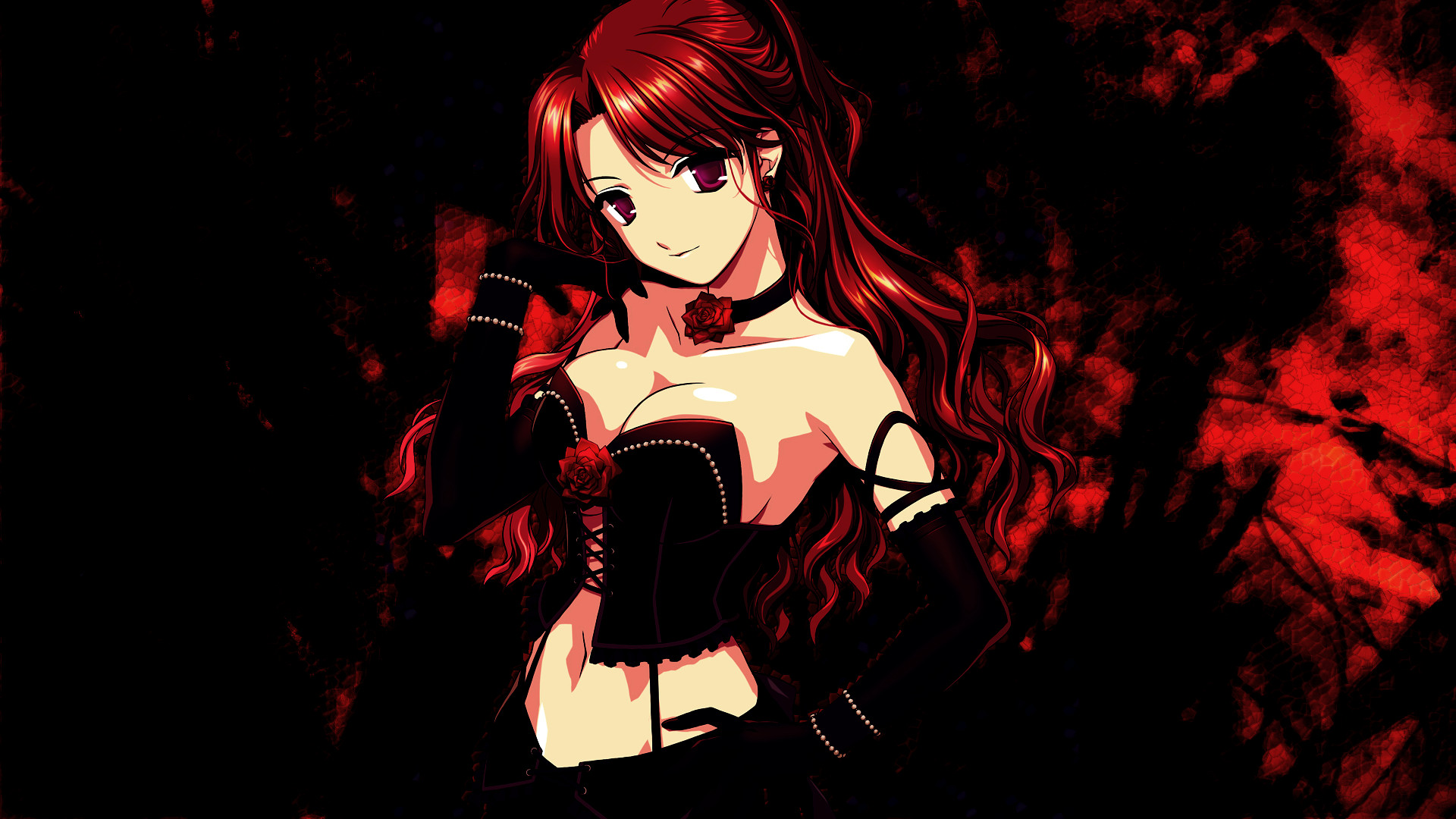 Ragazza anime, Capelli rossi, Sfondo rosso e nero, Gotico, Illustrazione, wallpaper desktop Full HD