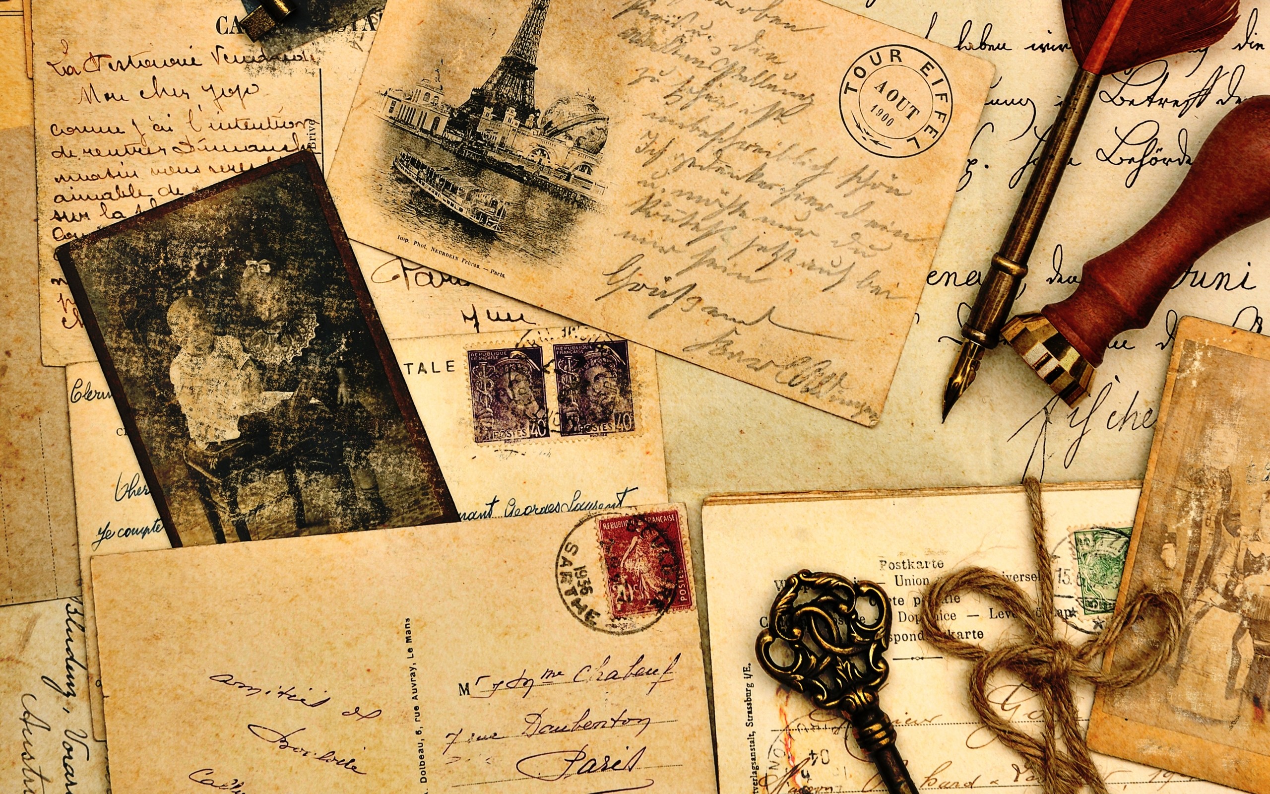 Cartoline antiche, Francobolli, Chiave, Vintage, 2560x1600, sfondo per PC