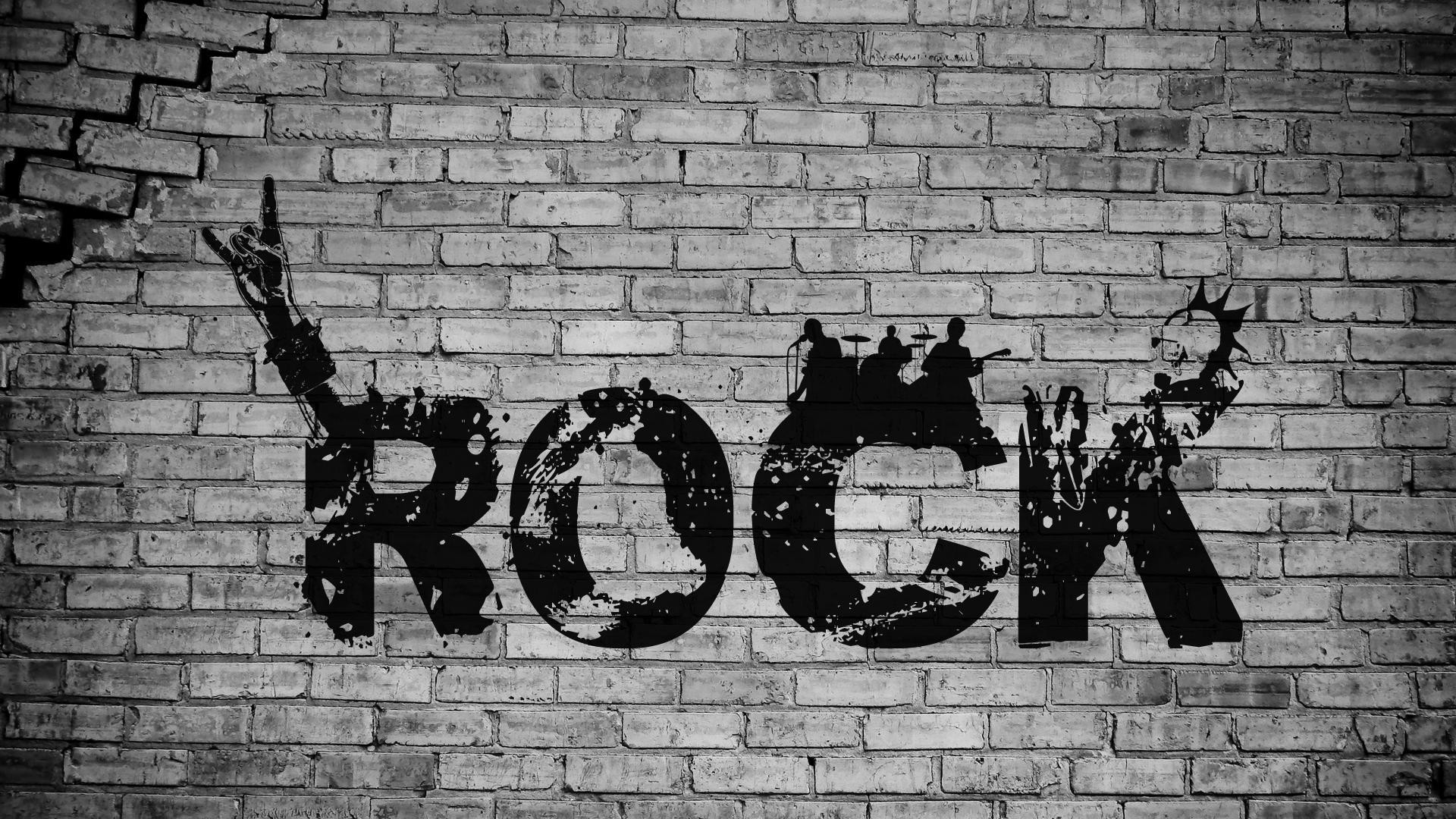 Scritta Rock, Muro di mattoni, Corna, Grunge, Bianco e nero, Full HD, sfondo per PC