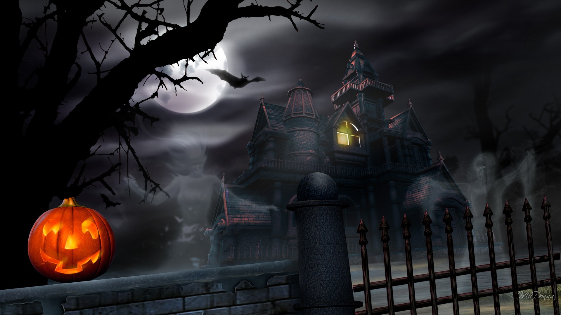 Casa stregata, Jack-o'-lantern, Luna piena, Cancello, Nebbia, Notte, sfondo desktop 1920x1080