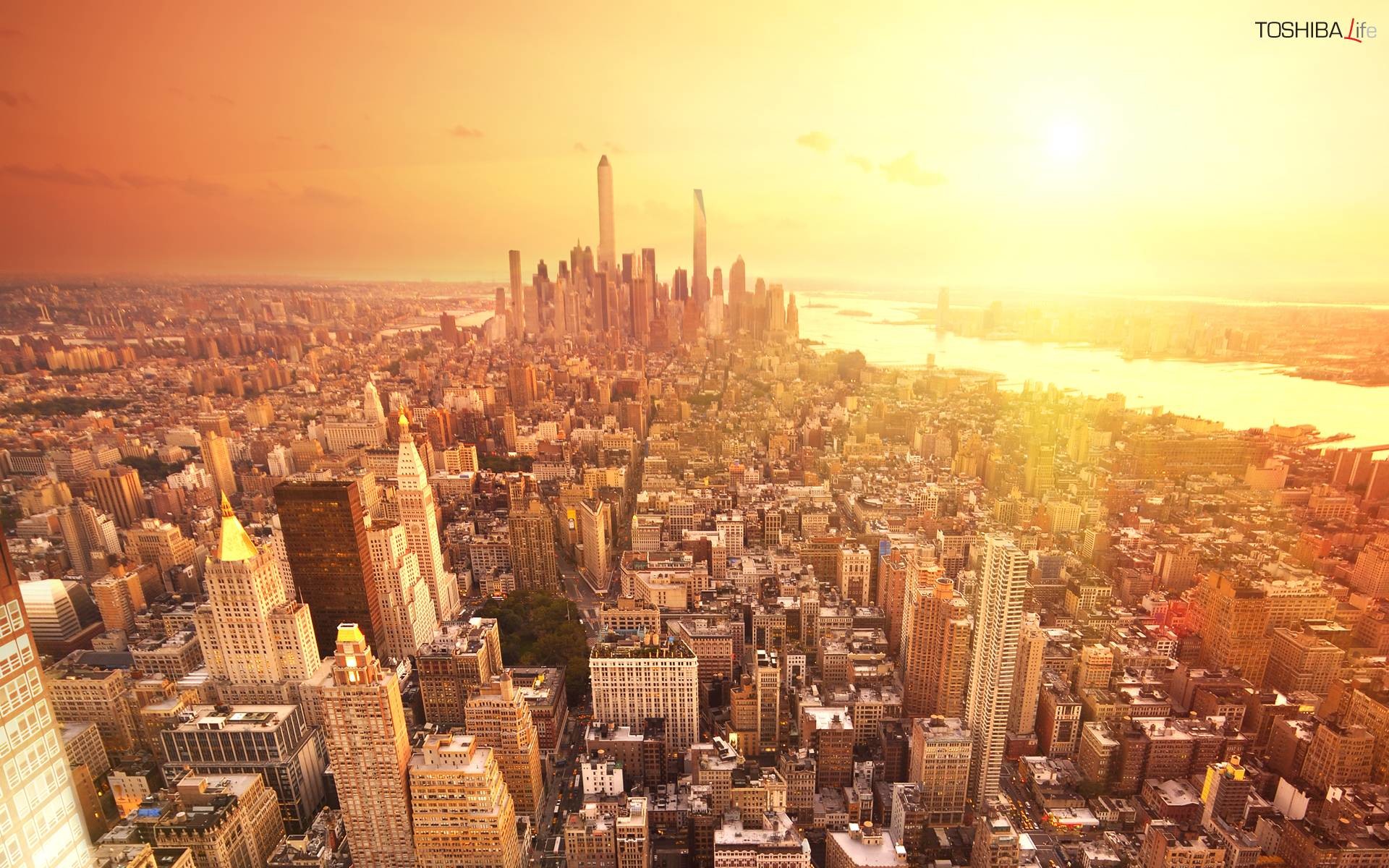 Lower Manhattan, New York, Vista aerea, Tramonto dorato, 16:10 Full HD, sfondo widescreen