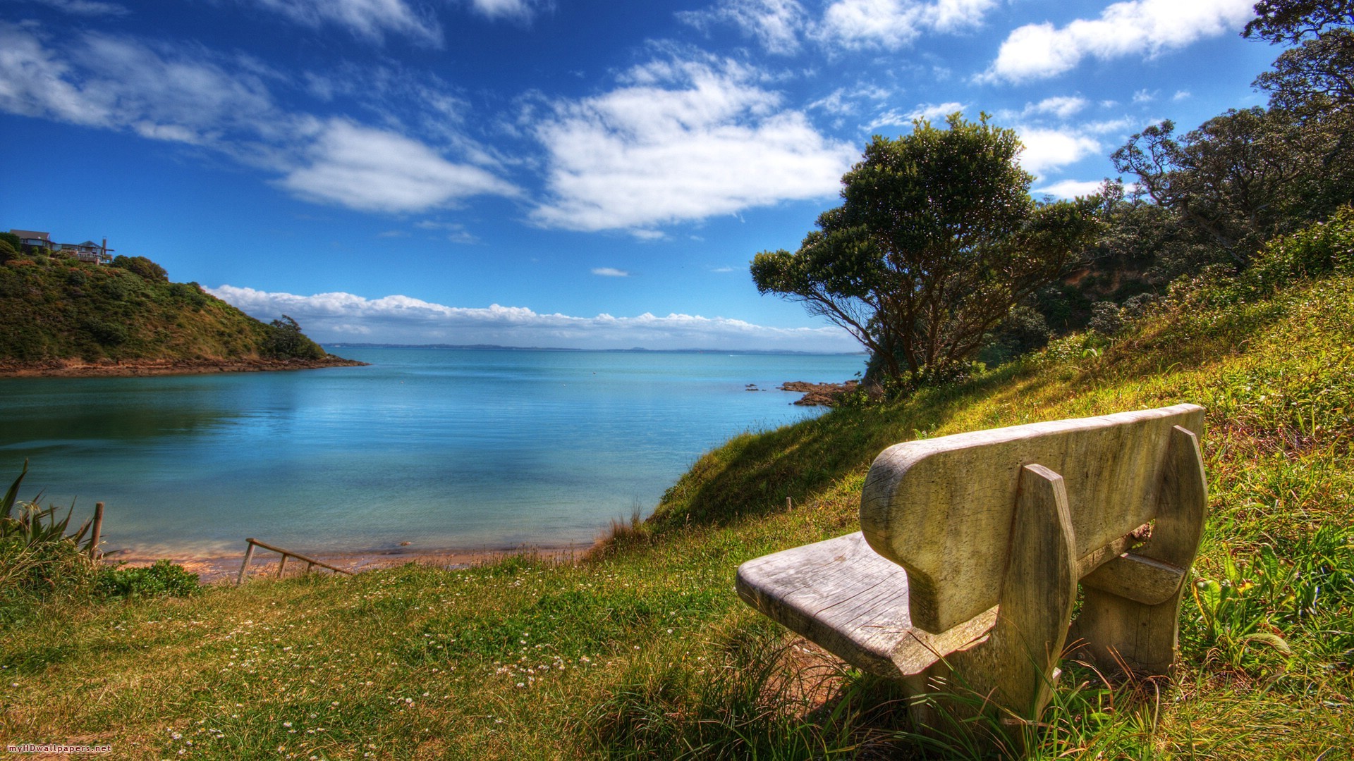 Panchina, Baia, Mare, Cielo azzurro, 1920x1080, sfondo per PC