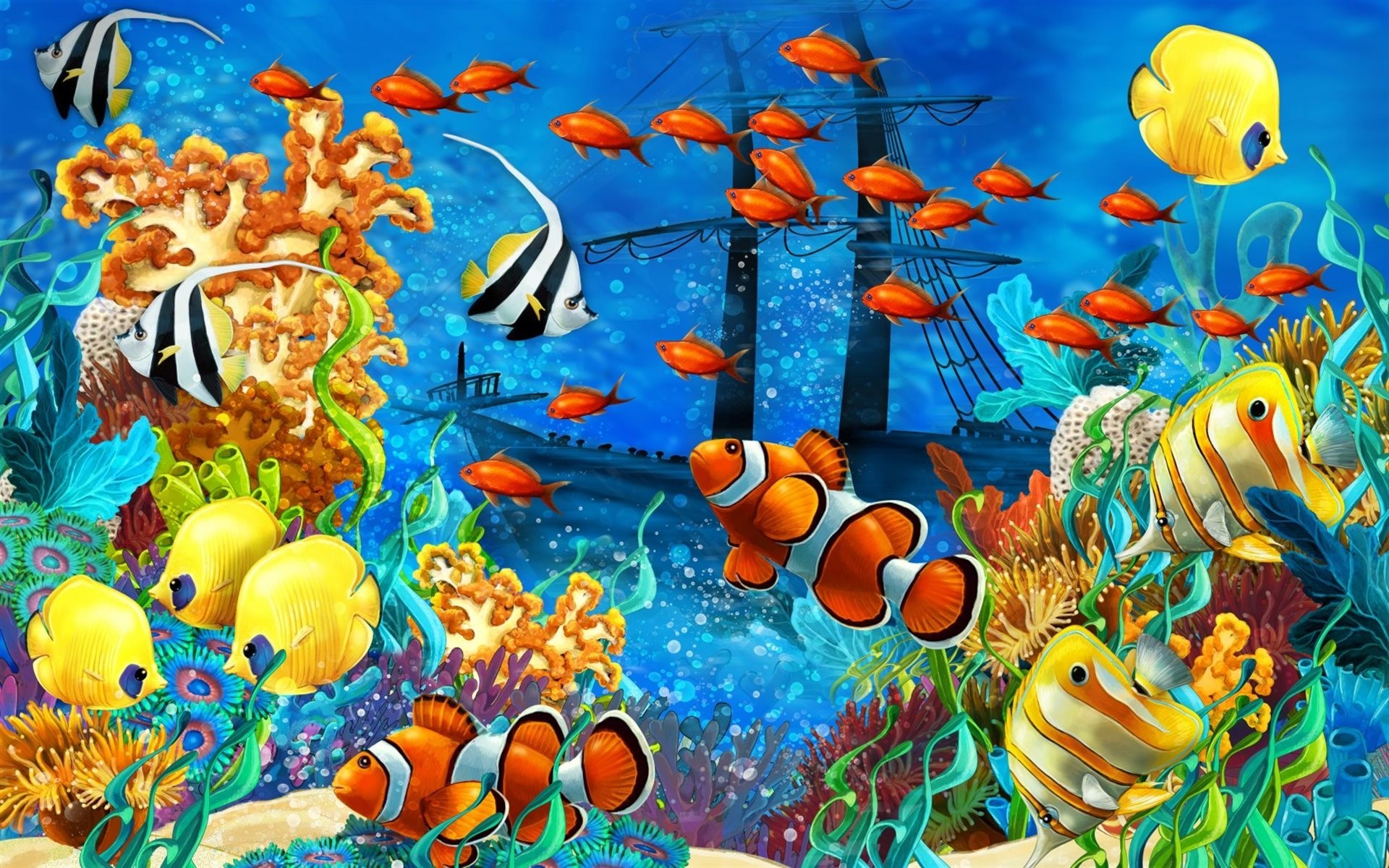 Pesci tropicali, Pesci pagliaccio, Barriera corallina, Relitto, Illustrazione, sfondo per PC