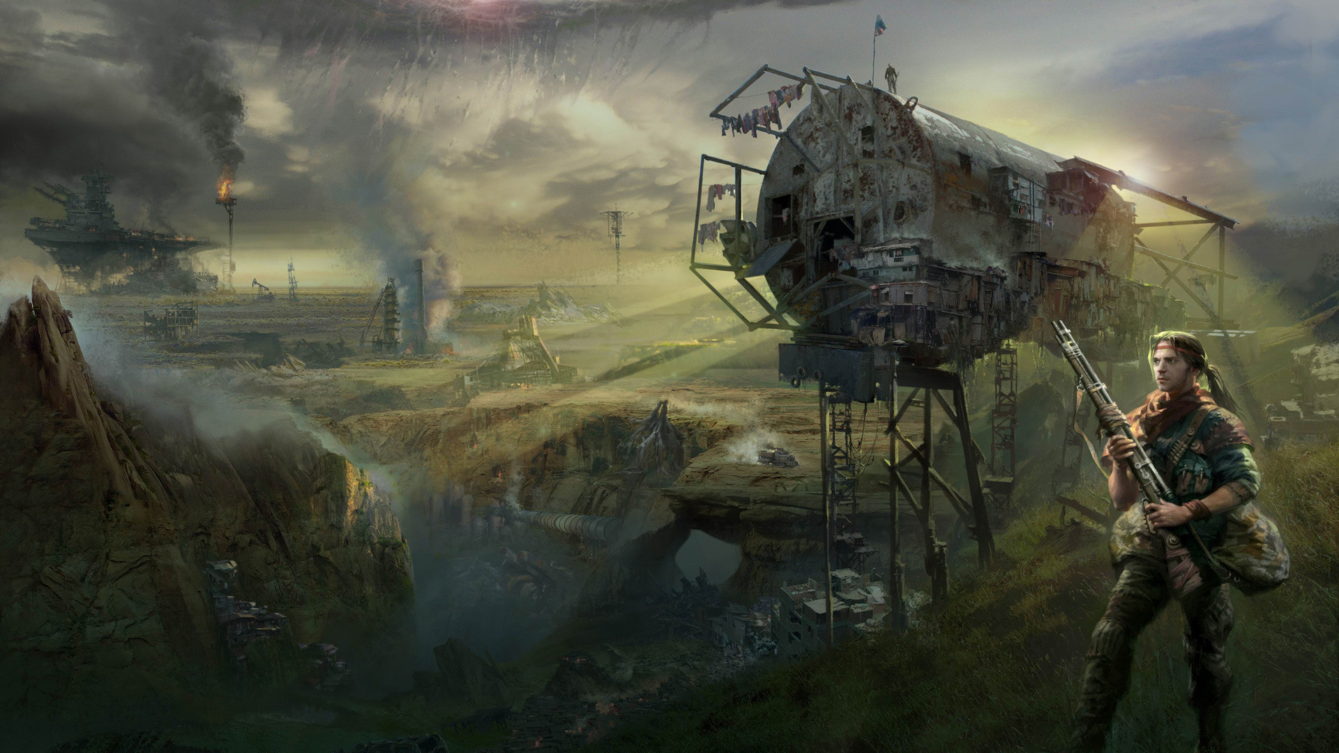 Paesaggio post-apocalittico, Soldato, Rovine, Fantascienza, Concept art, sfondo Full HD per desktop