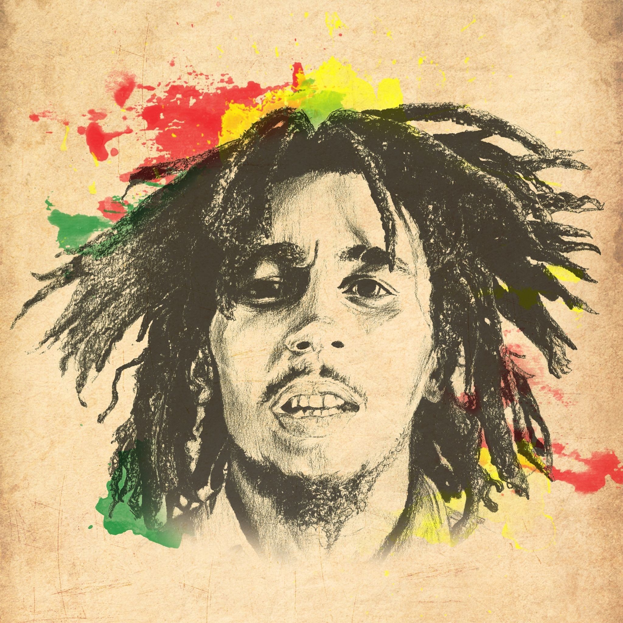 Bob Marley, Disegno, Schizzi di colore, Carta vintage, sfondo per iPad e tablet