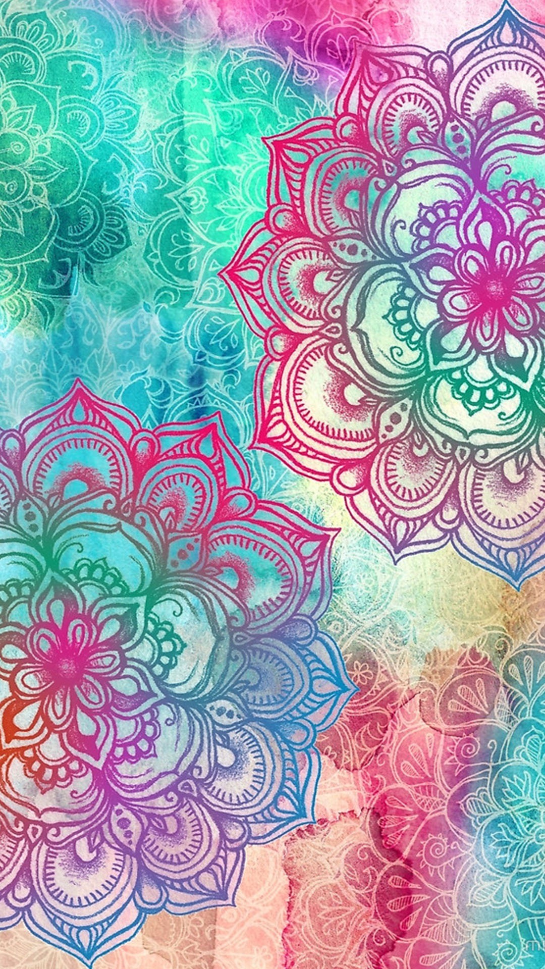 Mandala, Acquerello, Rosa, Turchese, Verticale, Full HD, sfondo per smartphone