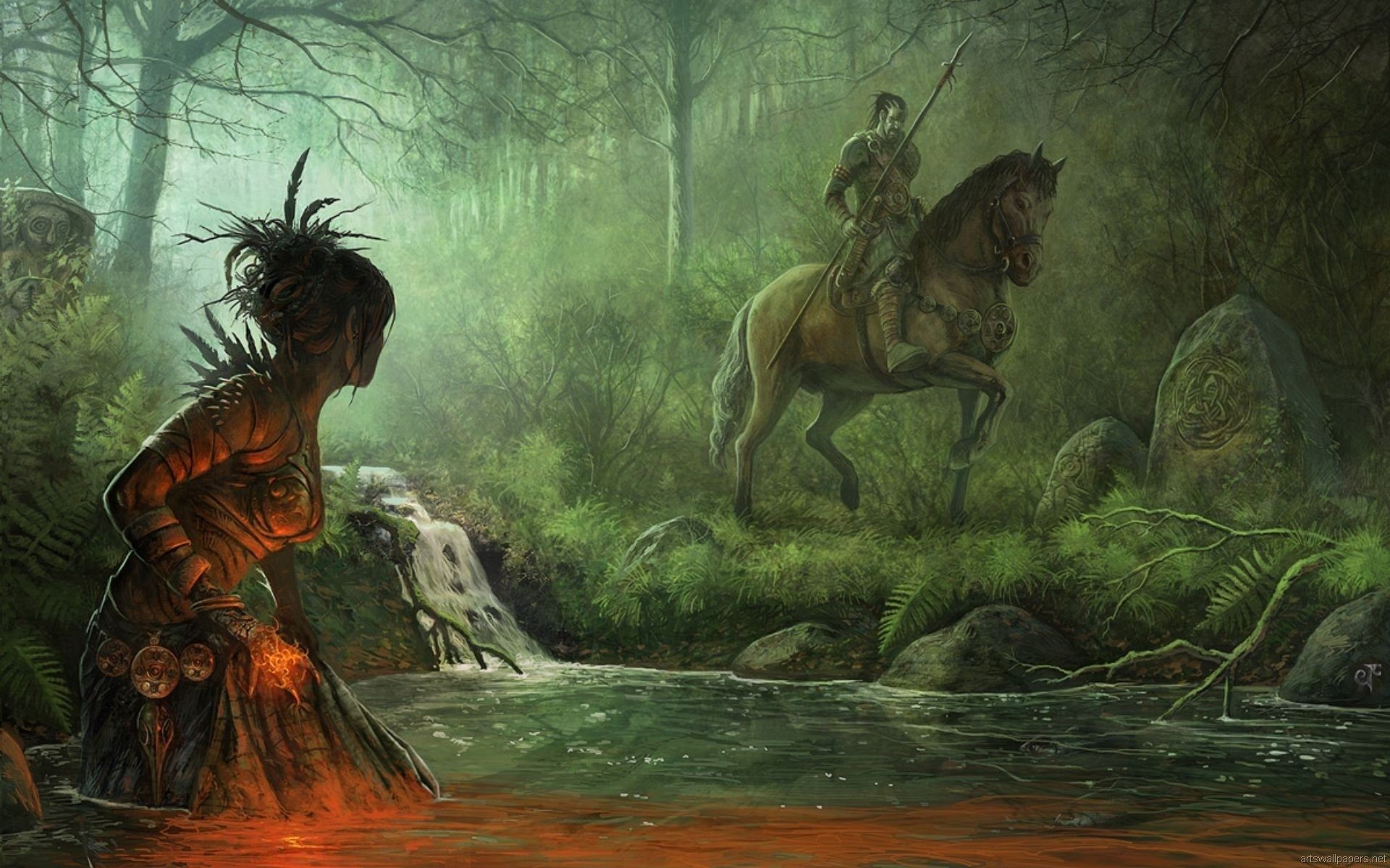Fiume, Foresta, Cavaliere, Fantasy, Full HD, sfondo per PC
