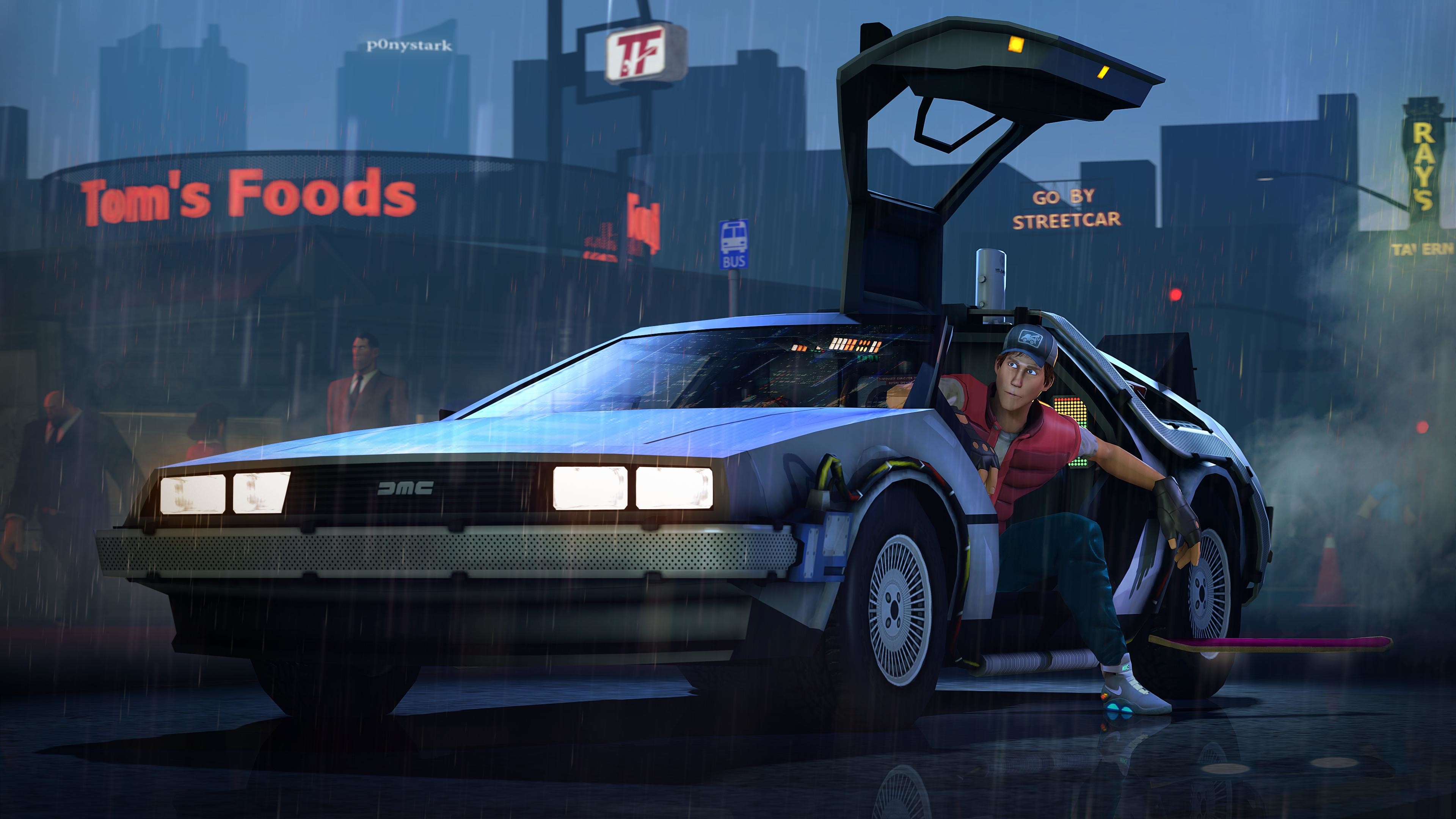 Marty McFly, DeLorean DMC-12, Ritorno al futuro, Tom's Foods, Pioggia, sfondo 16:9 4K