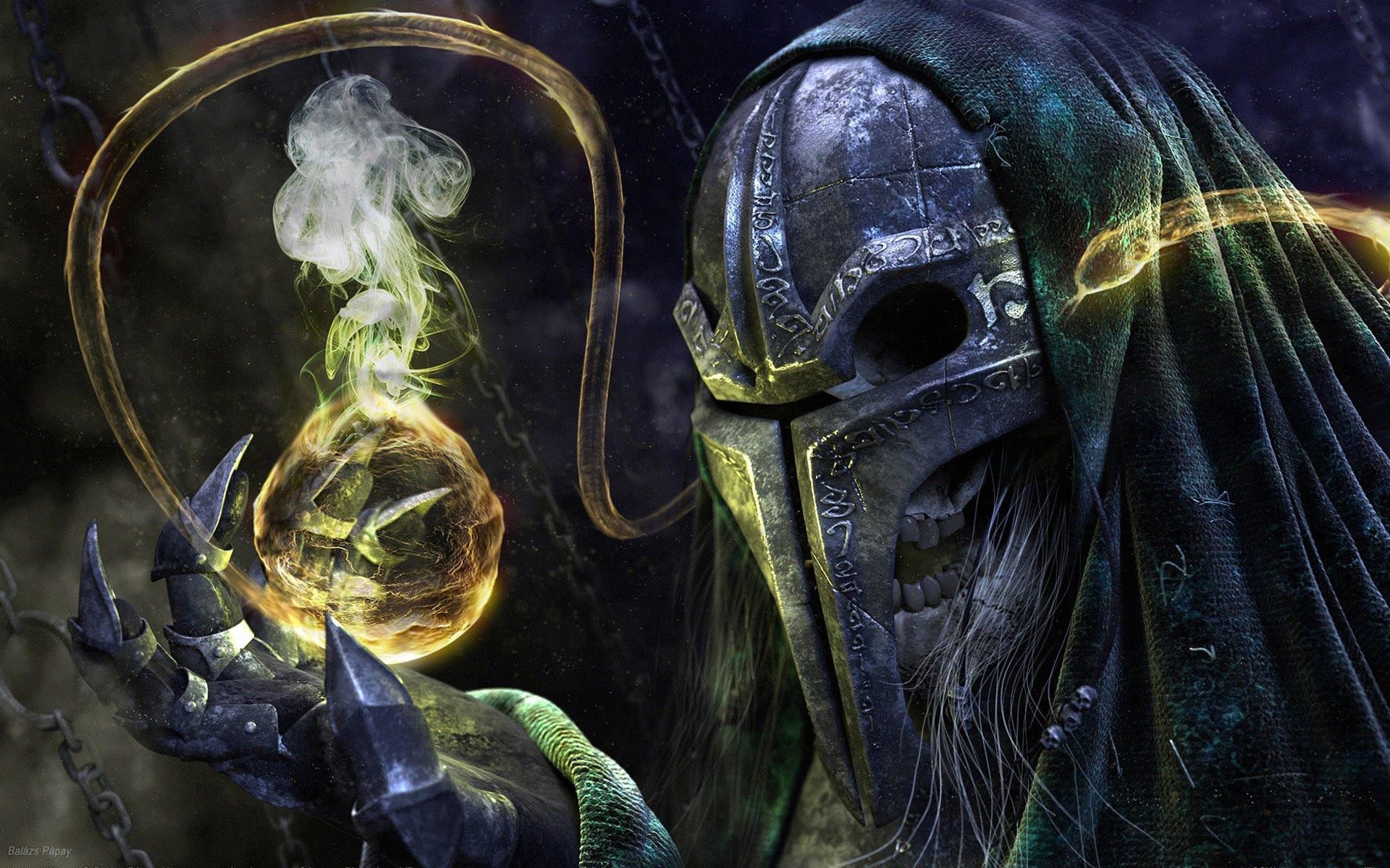 Guerriero scheletro, Elmo, Ampolla, Fumo verde, Dark fantasy, Magia, sfondo 1920x1200 per PC