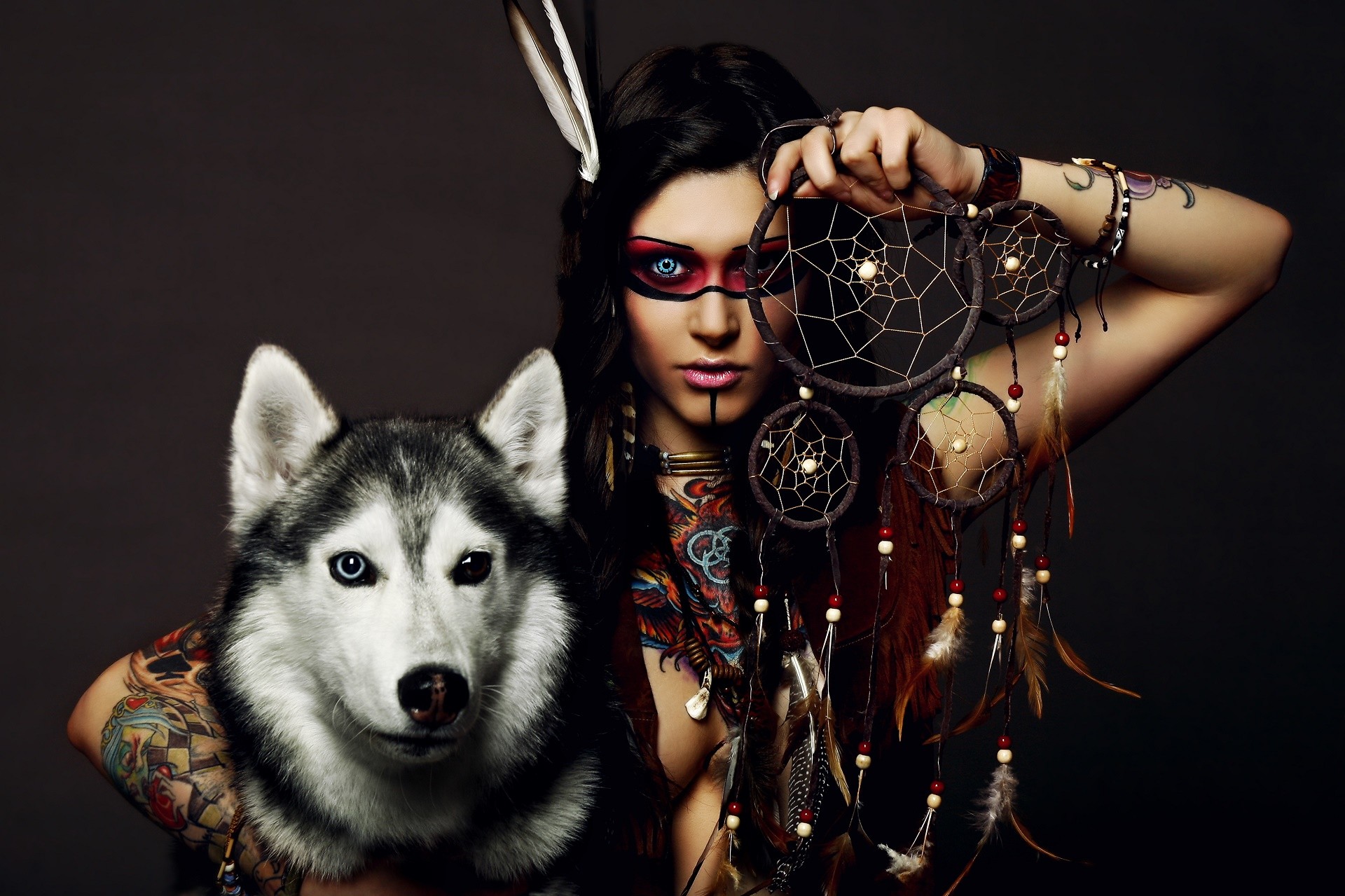 Husky siberiano, Donna, Acchiappasogni, Pittura tribale, Full HD, sfondo per portatile