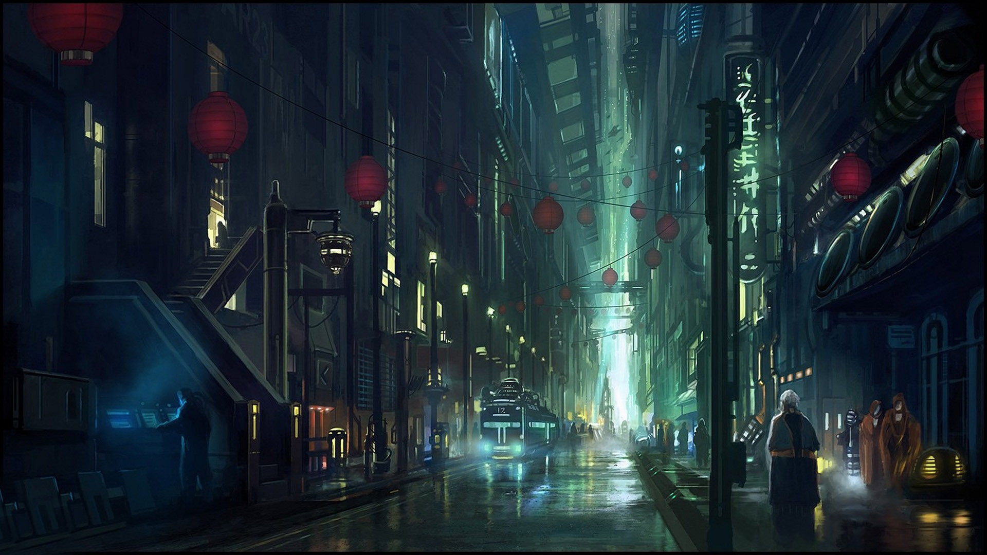 Vicolo cyberpunk, Lanterne, Nebbia, Notte, Full HD, wallpaper per PC