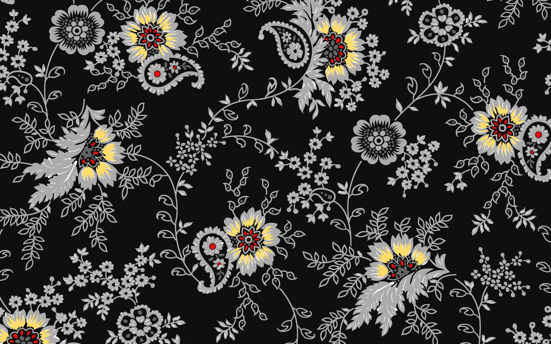 Motivo floreale, Paisley, Sfondo nero, Bianco e nero, Pattern, 16:10 Full HD, wallpaper widescreen