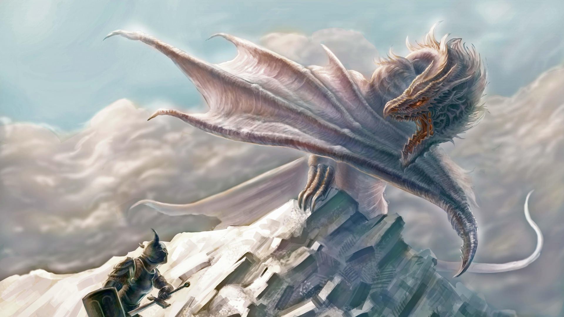 Drago bianco, Montagna innevata, Guerriero, Nuvole, Full HD, sfondo per portatile