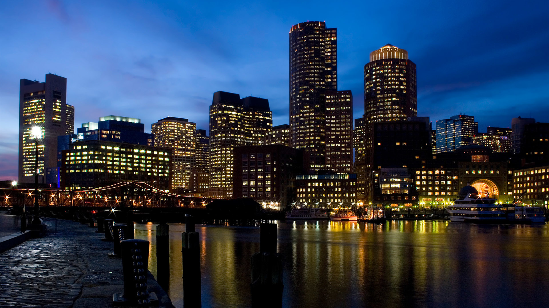 Boston, Skyline, Notte, Porto, Riflesso, Full HD, sfondo Windows 11