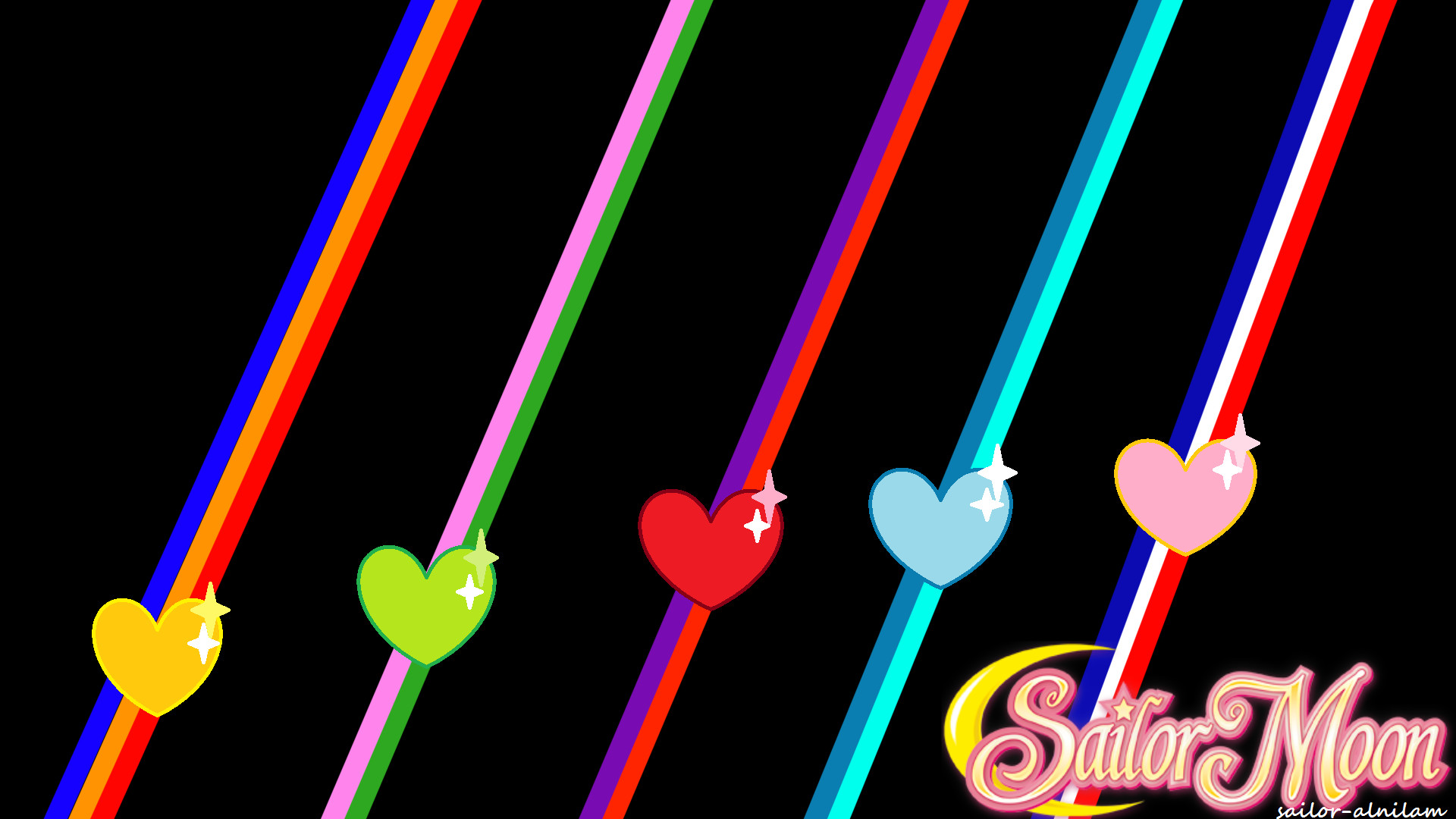 Logo Sailor Moon, Cuori, Strisce colorate, Sfondo nero, 16:9 Full HD, wallpaper widescreen