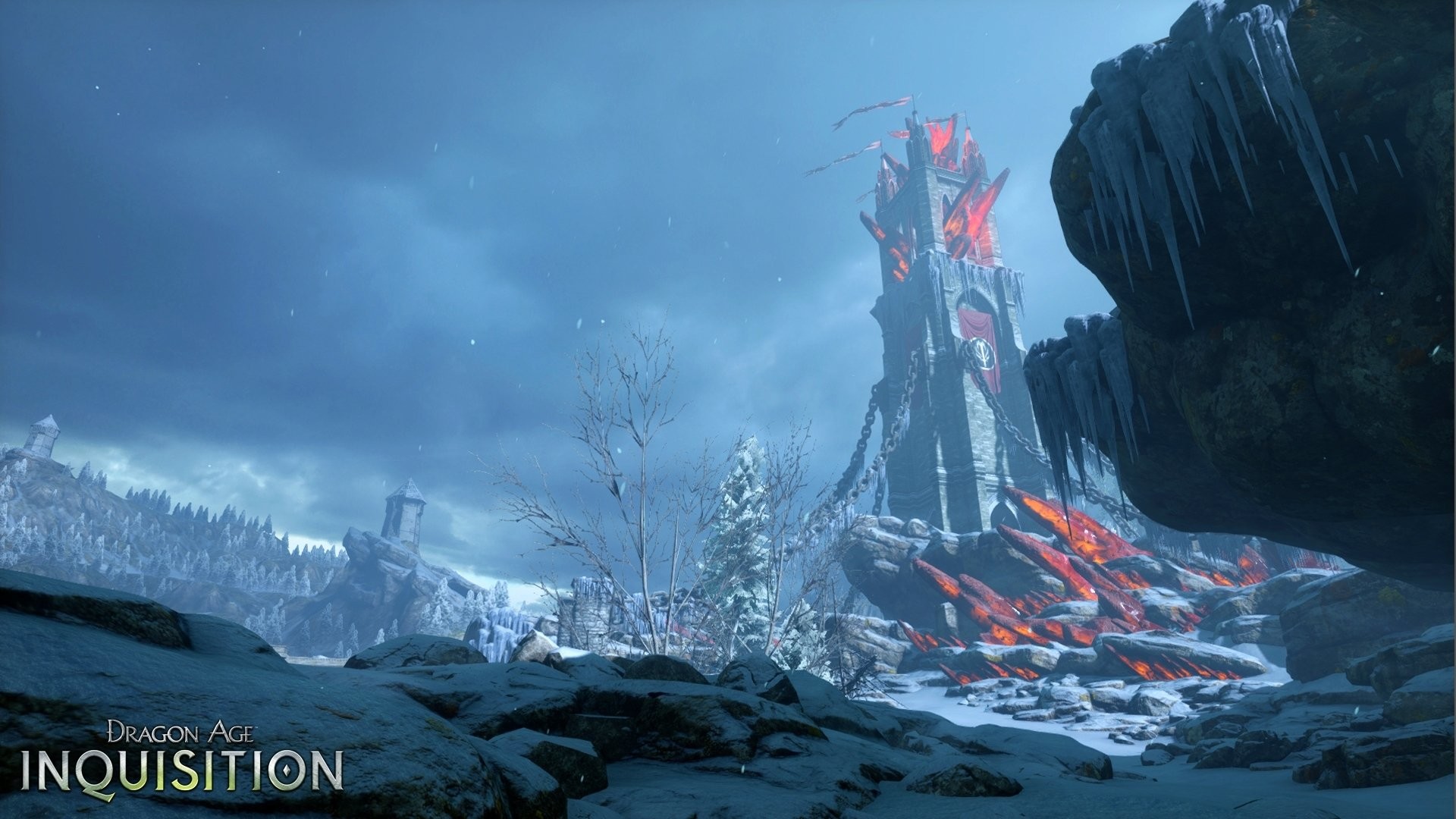 Dragon Age: Inquisition, Lyrium rosso, Neve, Torre, Notte, 1920x1080, sfondo per PC