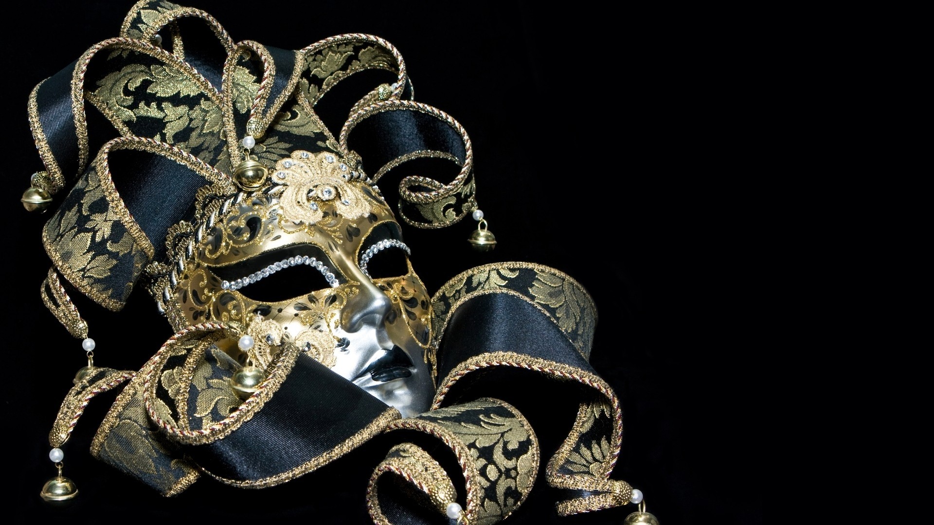 Maschera da giullare, Oro, Sfondo nero, Maschera veneziana, 1920x1080, wallpaper desktop