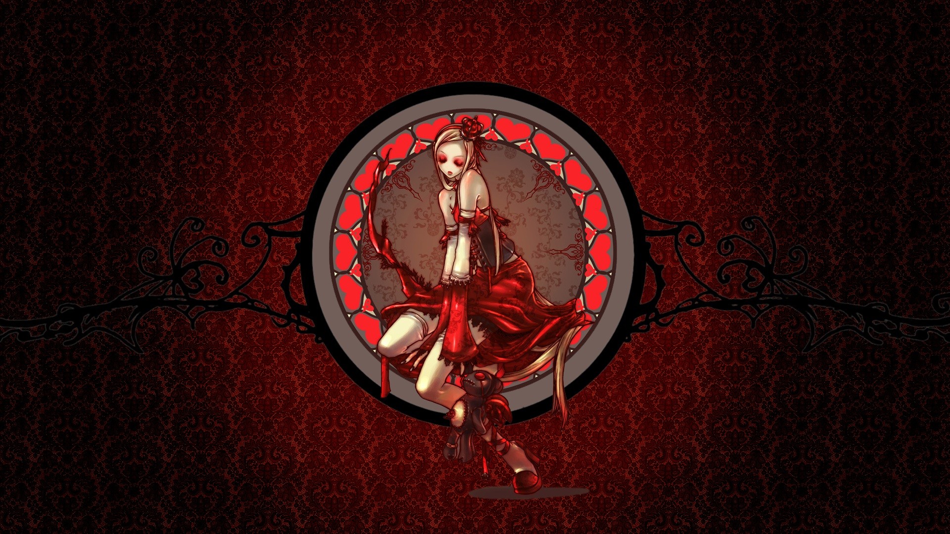 Ragazza anime, Rosso, Cornice circolare, Ornamenti, Full HD, sfondo Windows 11
