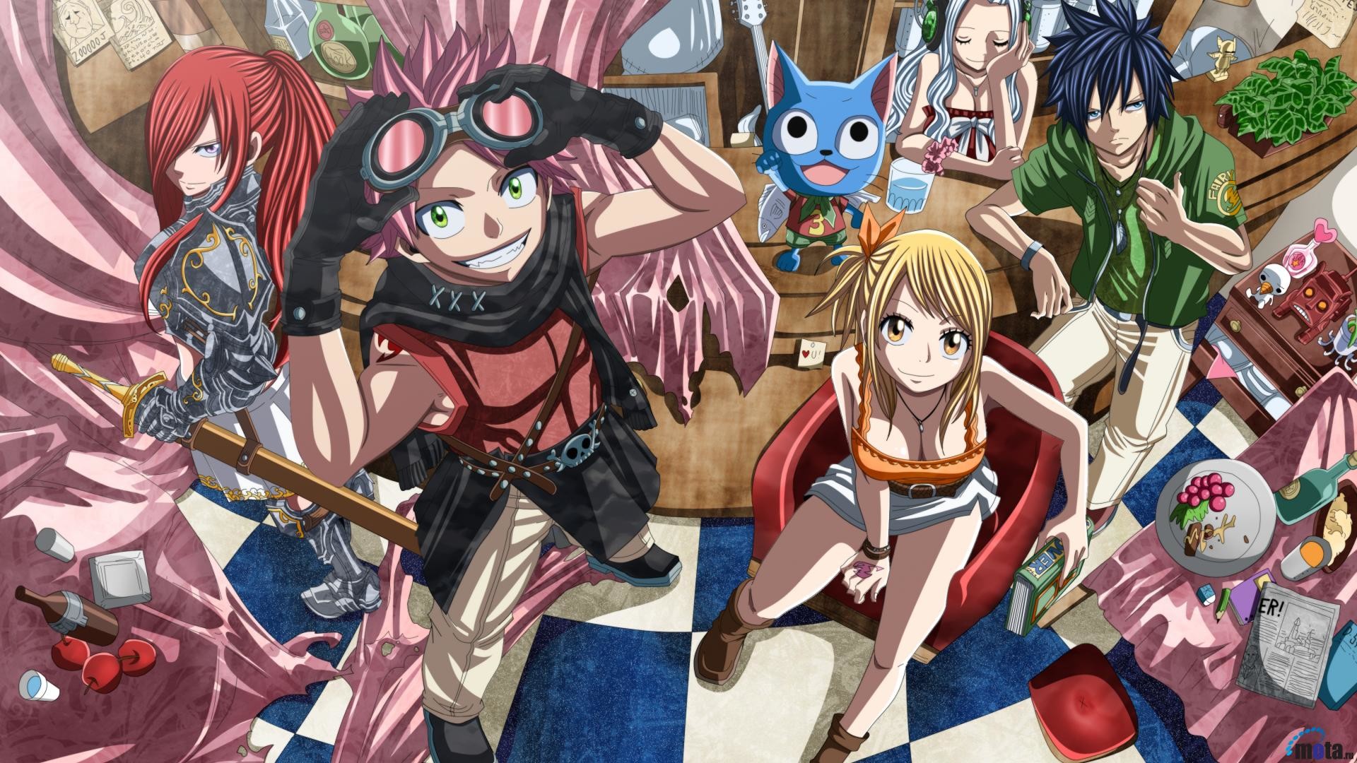 Fairy Tail, Natsu Dragneel, Lucy Heartfilia, Erza Scarlet, Gray Fullbuster, Happy, immagine di sfondo