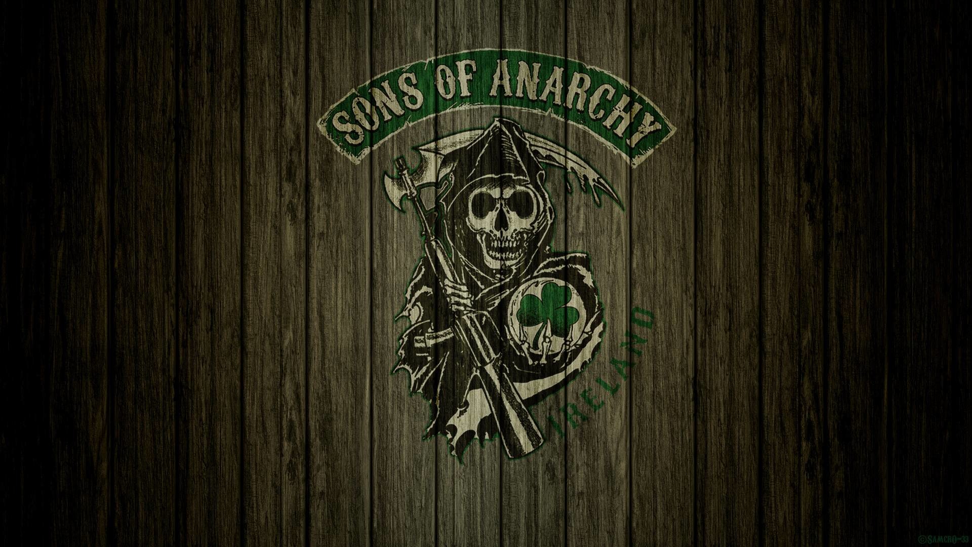 Sons of Anarchy, Belfast, Logo Reaper, Legno, Verde, Full HD, sfondo Windows 11