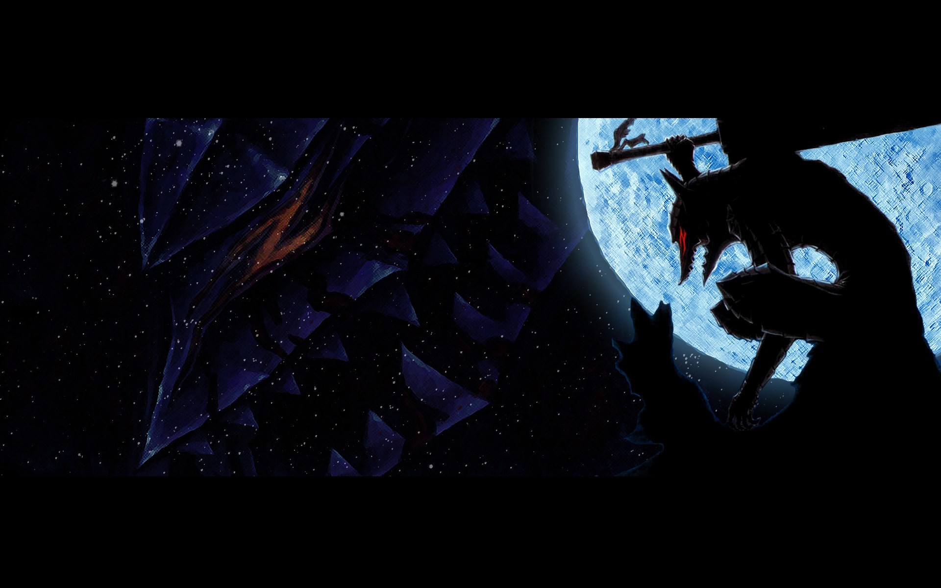 Gatsu, Armatura del Berserker, Berserk, Luna piena, Silhouette, 16:10 Full HD, sfondo widescreen