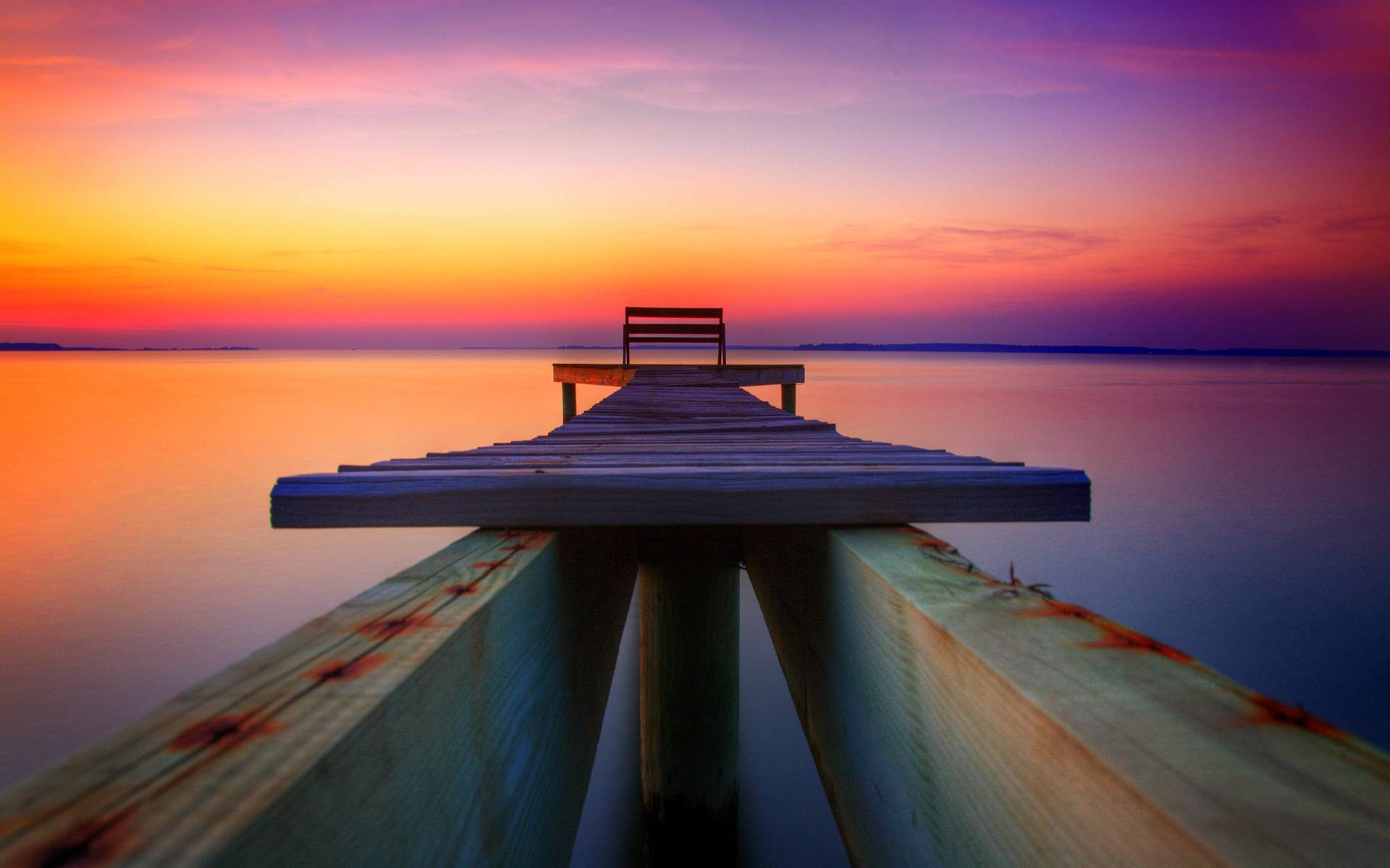 Molo, Tramonto, Mare, Cielo arancione, Full HD, sfondo Windows 11