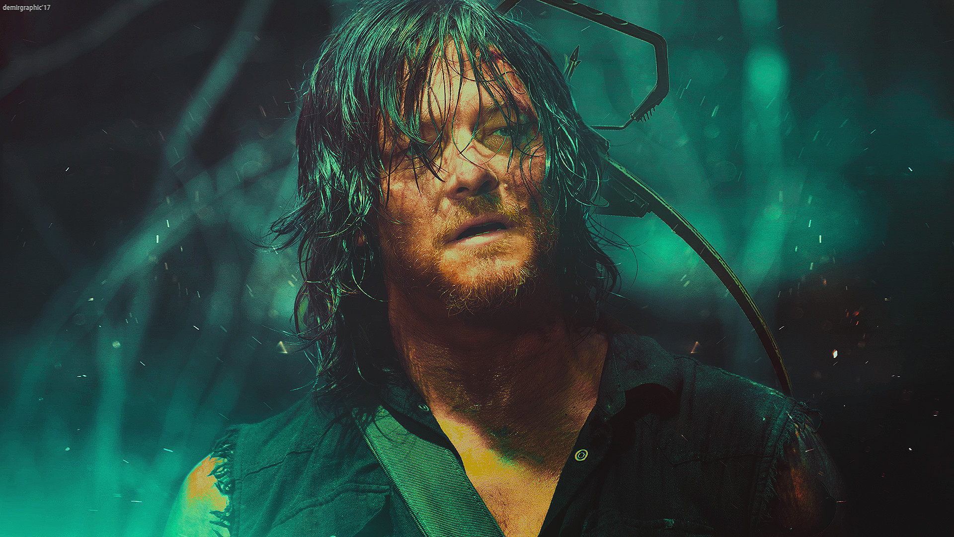 Daryl Dixon, Norman Reedus, The Walking Dead, Arte digitale, Verde acqua, wallpaper desktop Full HD