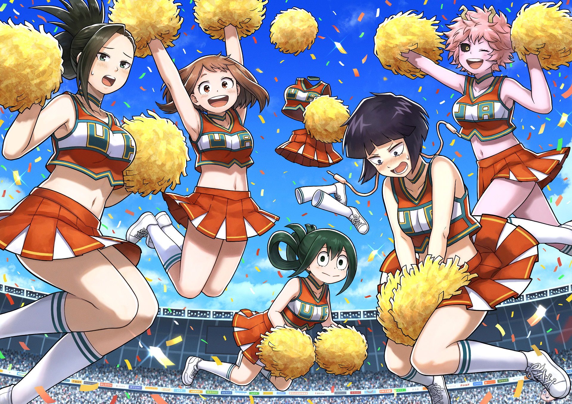 Momo Yaoyorozu, Ochaco Uraraka, Kyoka Jiro, Tsuyu Asui, My Hero Academia, Cheerleader, sfondo Full HD